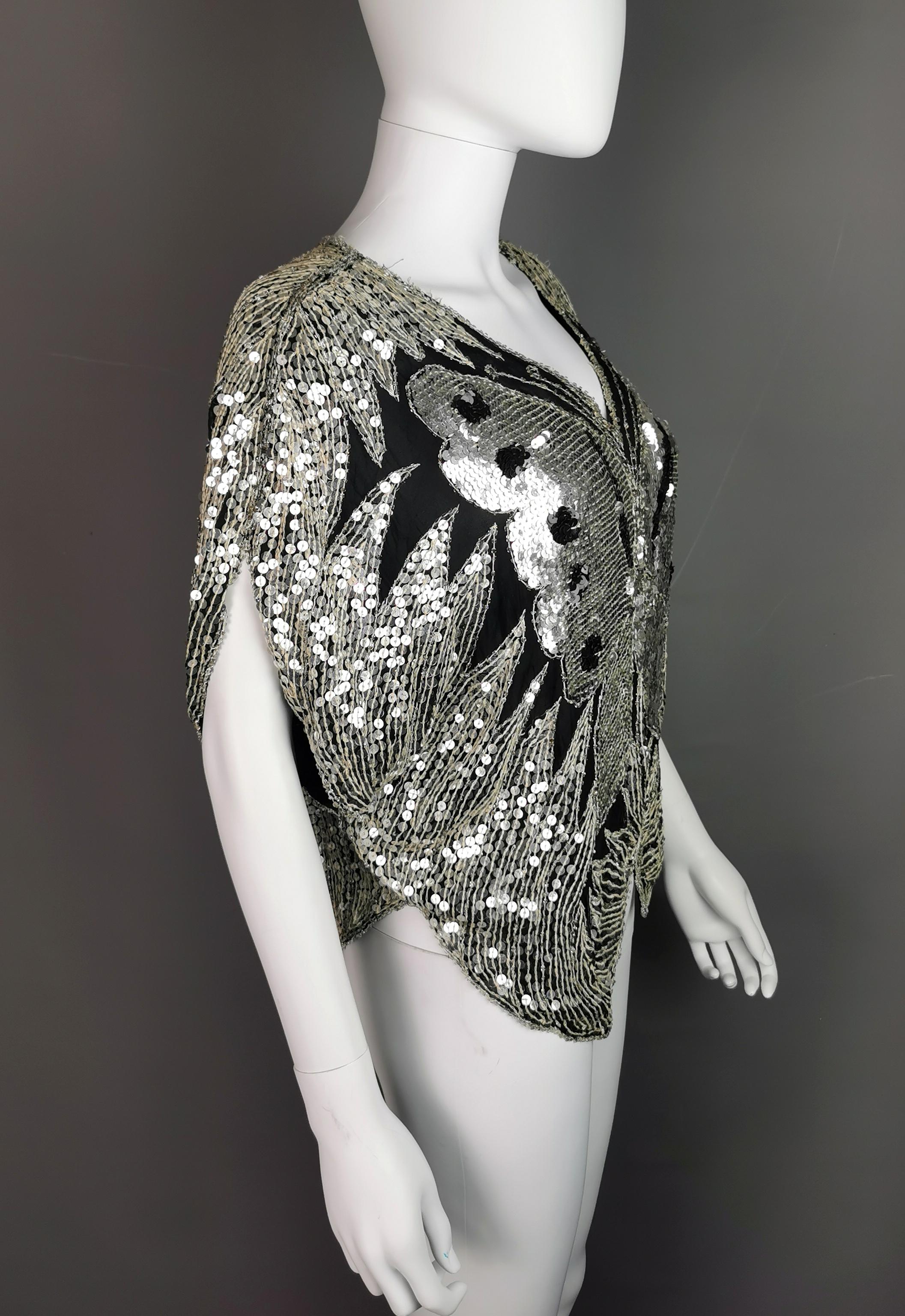 Women's Vintage 80s sequin butterfly top, Silk, beadwork