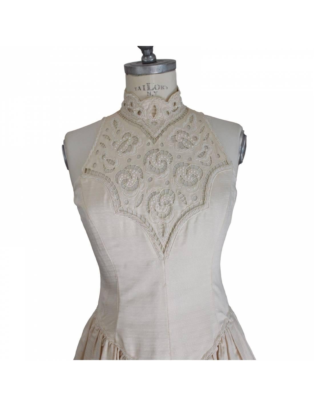 Vintage 80S Silk Beige Lace Wedding Dress In Good Condition In Brindisi, Bt