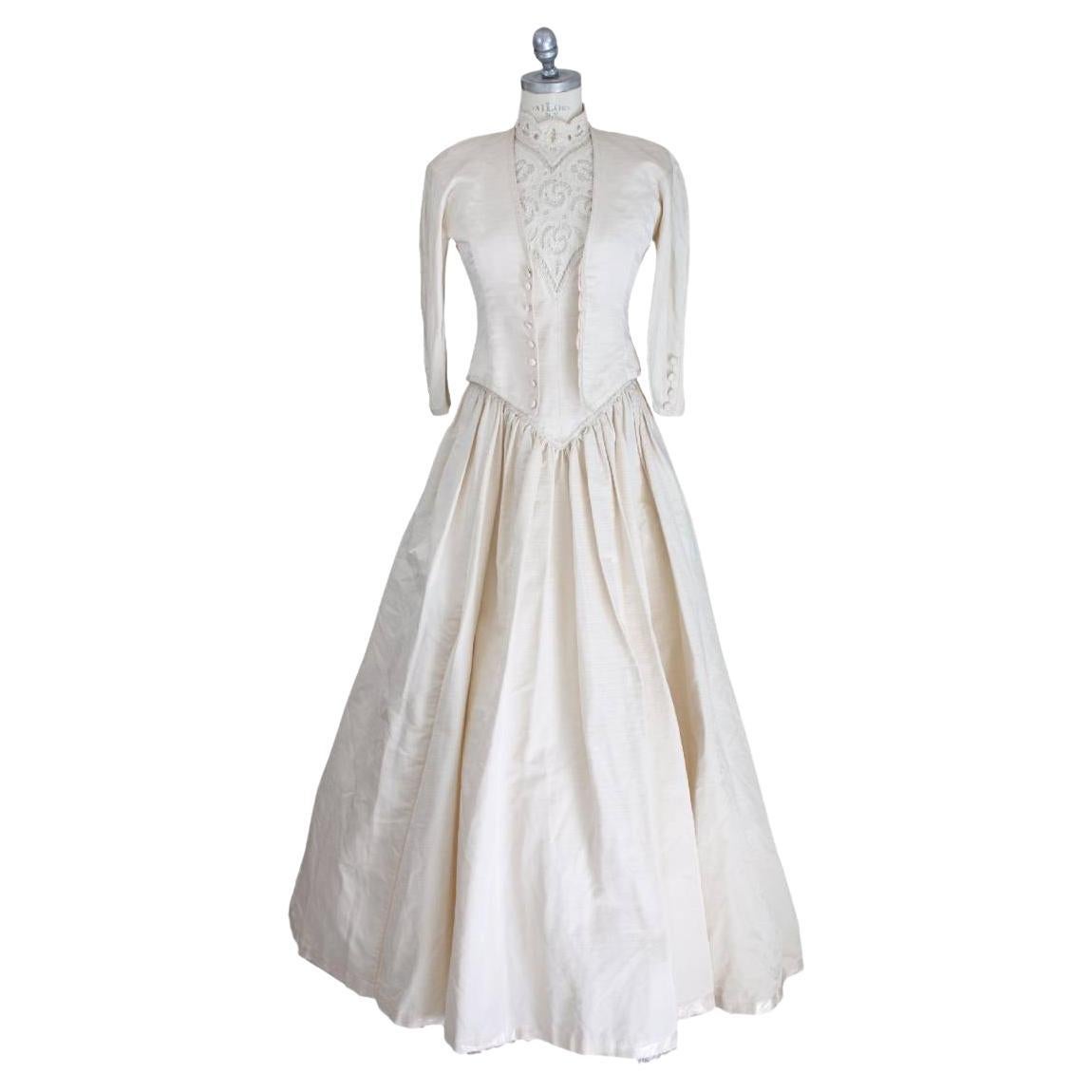 Vintage 80S Silk Beige Lace Wedding Dress