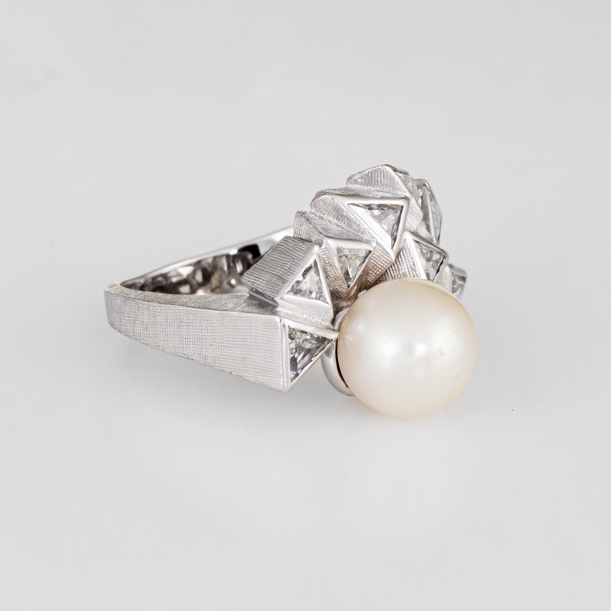 Modern 1980s Trillion Diamond Cultured Pearl Ring 14 Karat White Gold Estate Fine