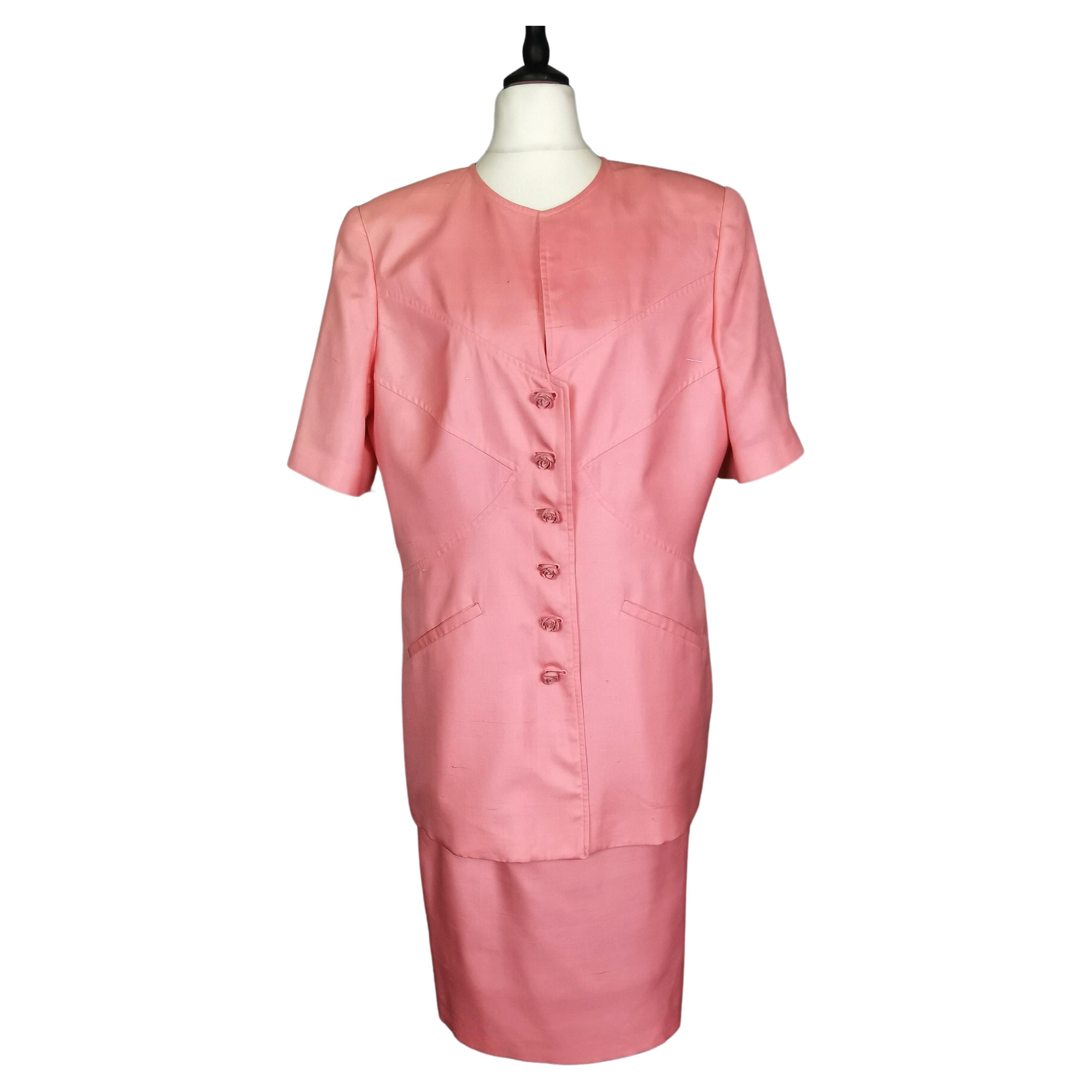 Vintage 80s Valentino pink silk skirt suit  For Sale