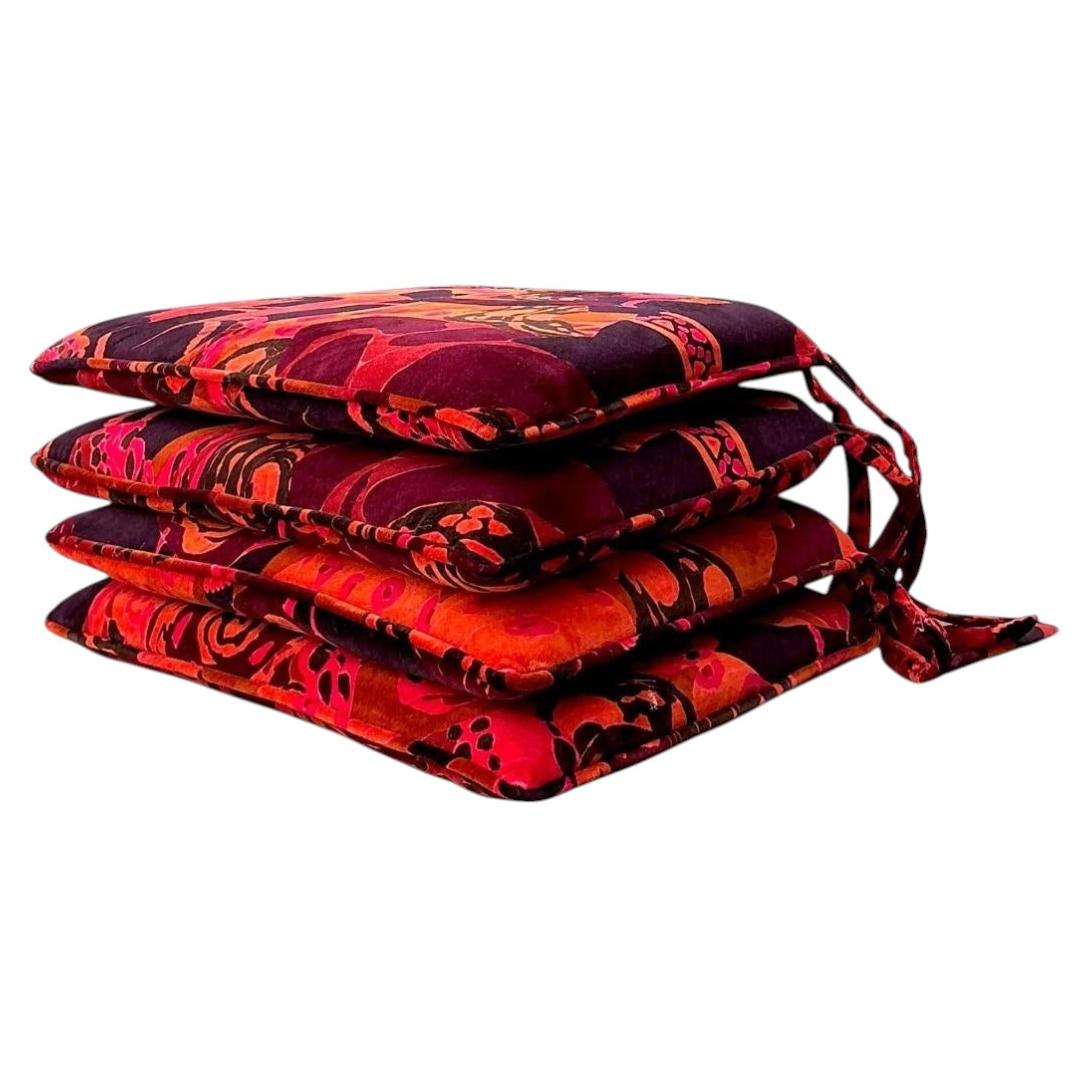 Vintage 80s Yves St Laurent Printed Velvet Tie Cushions - Set of Four