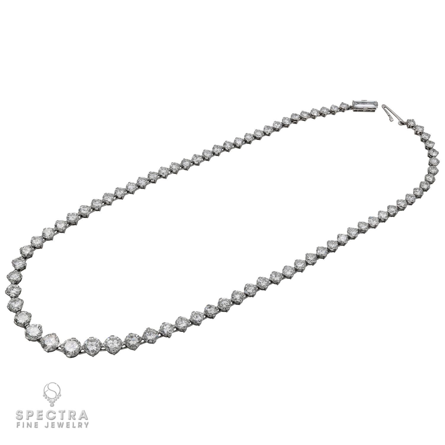 81 Carat Diamond Riviere Necklace.
A stunning necklace comprising of 75 graduating round diamonds set in platinum.
One emerald-cut diamond on the clasp weighing a total of 1.70 carats.
All diamonds are natural, not certified, with I-J color, VS-SI