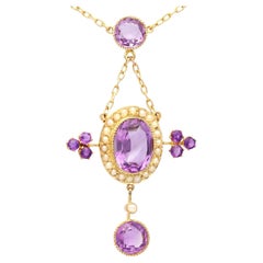 Vintage 8.12 Carat Amethyst and Pearl Yellow Gold Pendant
