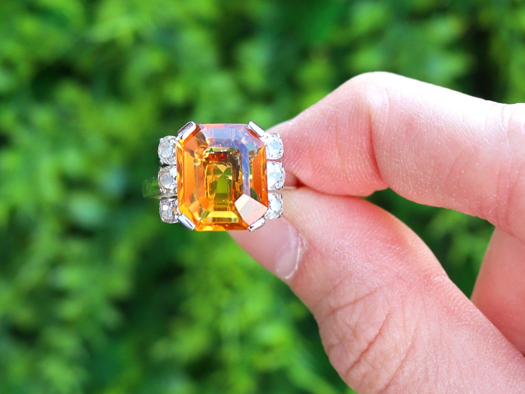A stunning, fine and impressive 8.30 carat emerald cut citrine and 1.20 carat diamond, 18 karat white gold and platinum set dress ring; part of our diverse range of vintage citrine jewellery collections.

This stunning, fine and impressive vintage