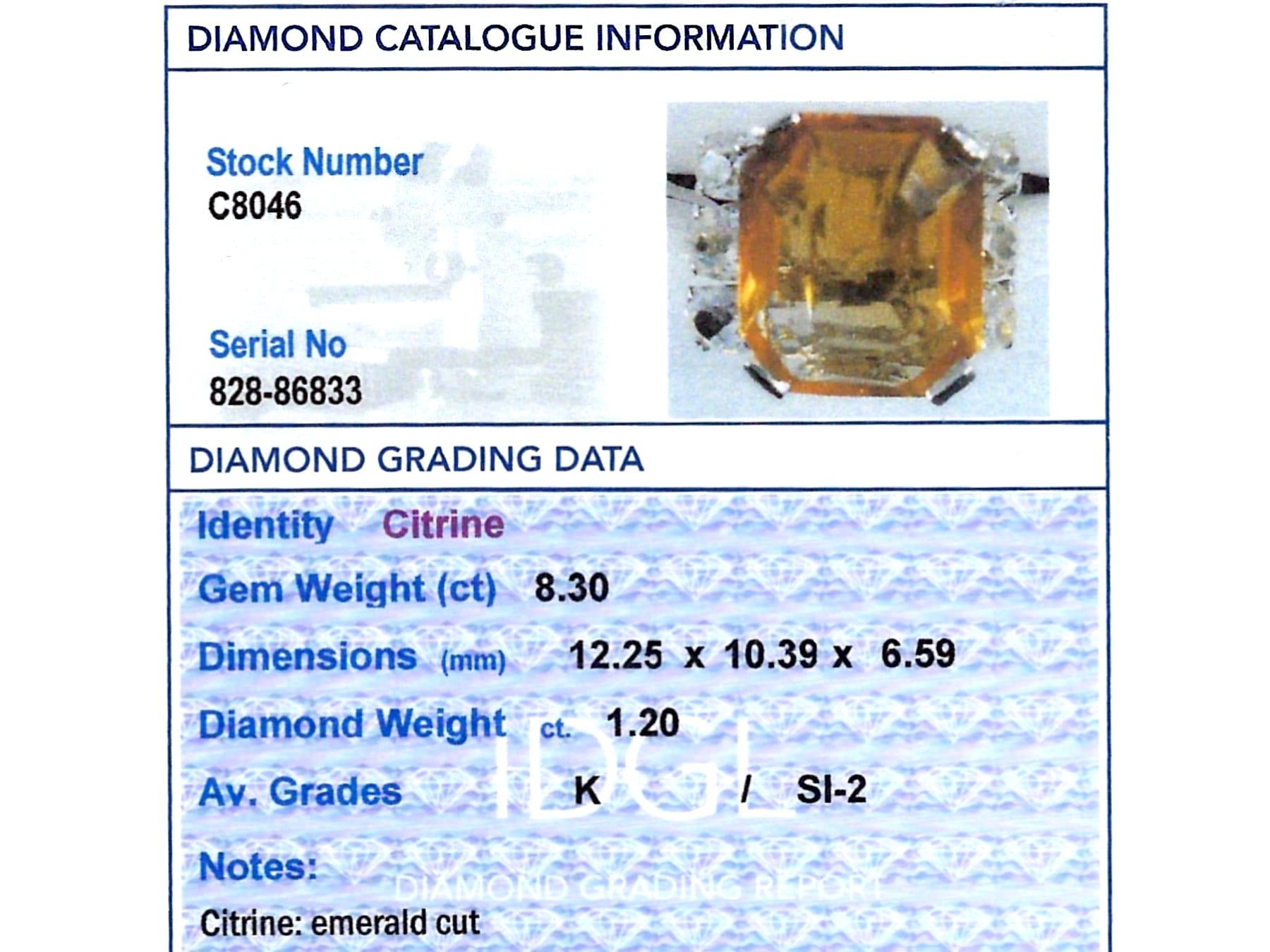 Vintage 8.30 Carat Citrine and 1.20 Carat Diamond 18k White Gold Dress Ring For Sale 1