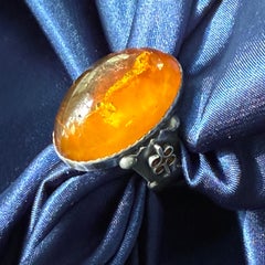 Vintage 875 Silver Amber Ring Large Natural Amber Cabochon