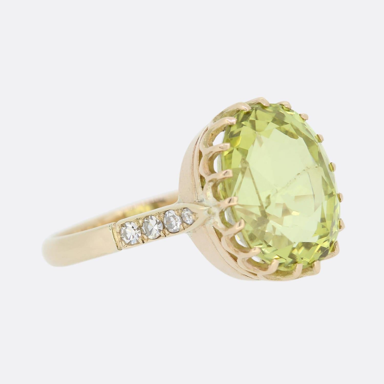 Cushion Cut Vintage 8.35 Greenish Yellow Chrysoberyl Solitaire Ring For Sale