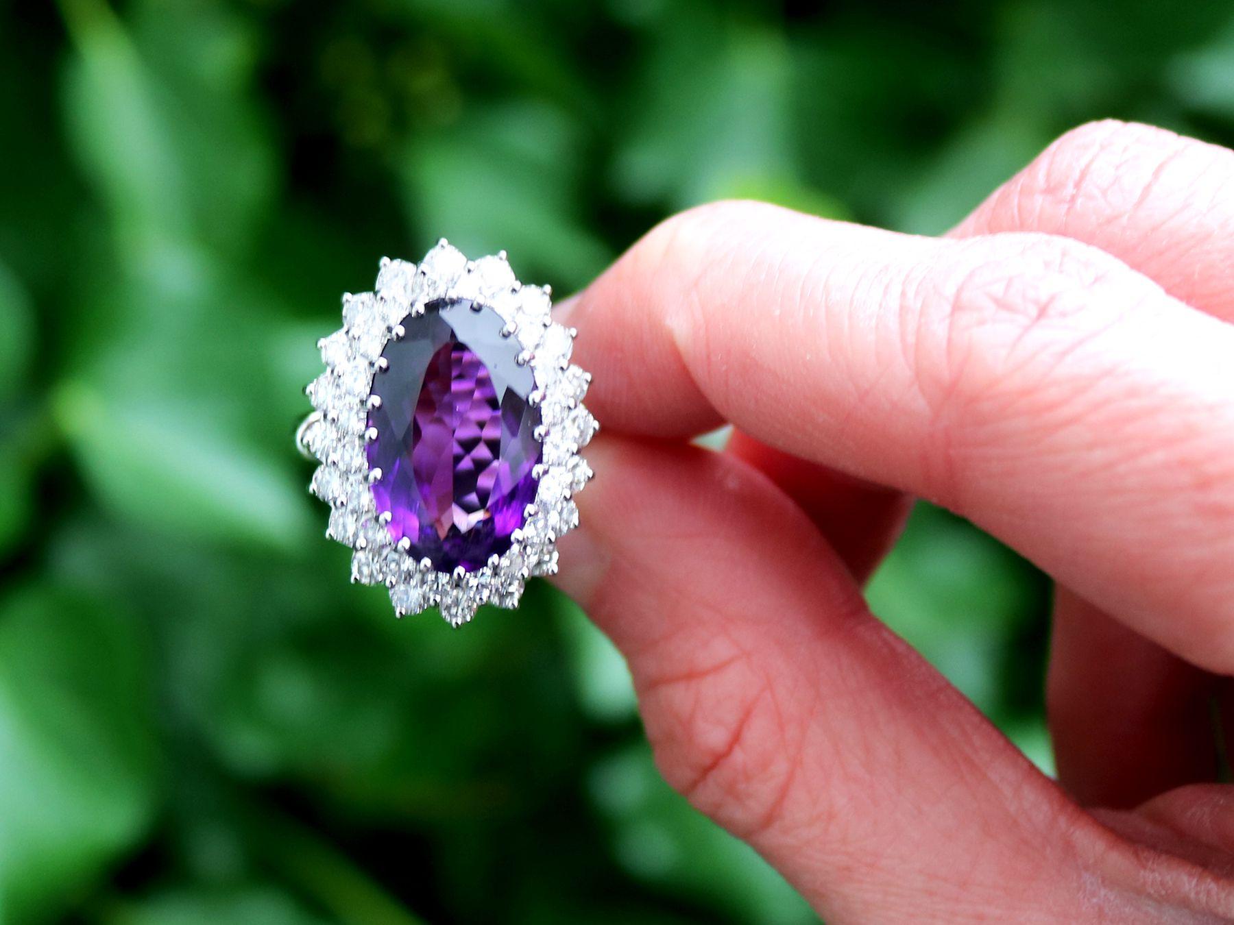 A stunning, fine and impressive 8.36 carat amethyst and 2.26 carat diamond, 18 karat white gold cluster ring; part of our diverse vintage jewelry and estate jewelry collections.

This stunning, fine and impressive vintage amethyst ring has been
