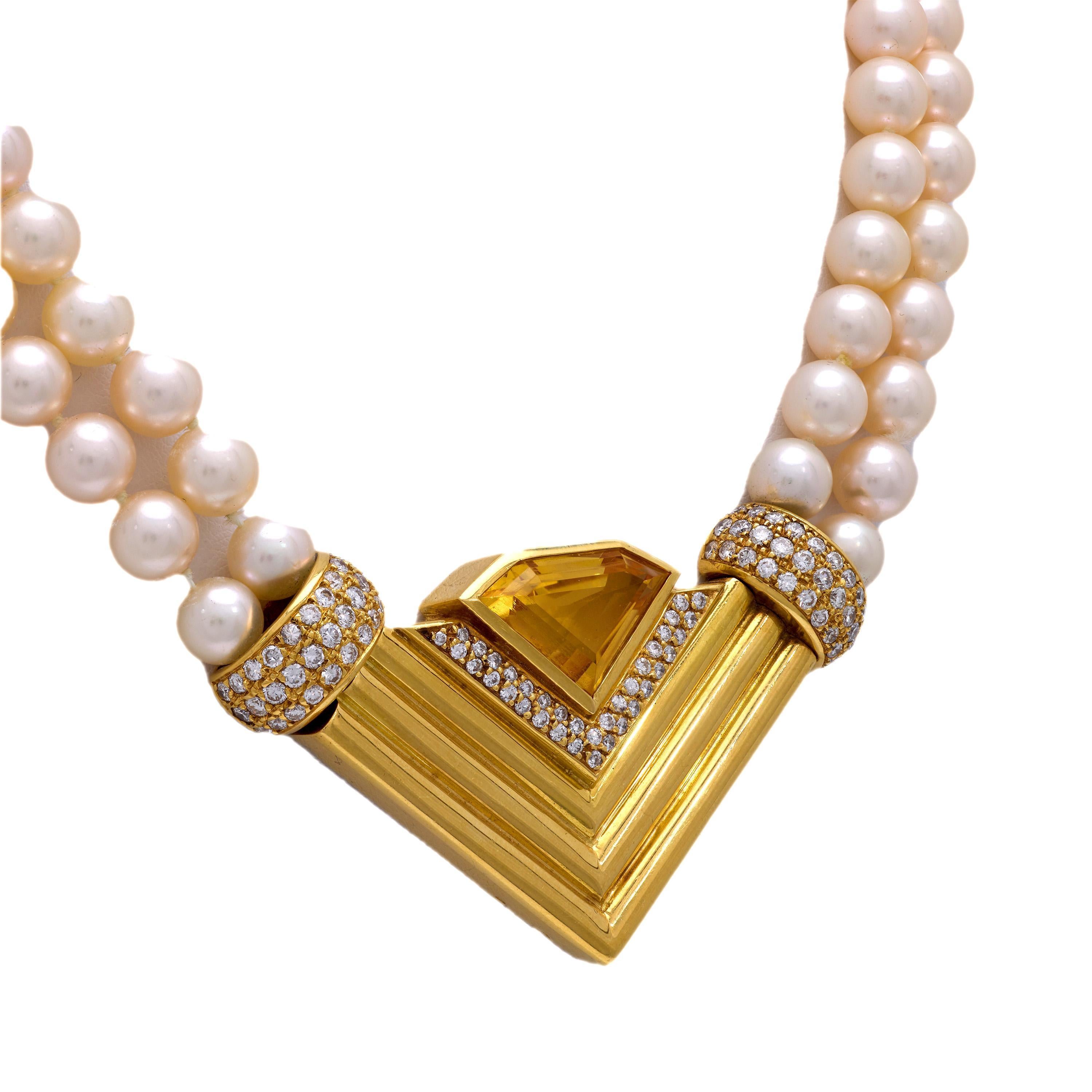 Scudo Vintage 8.40 carat citrine diamond pearl necklace in vendita