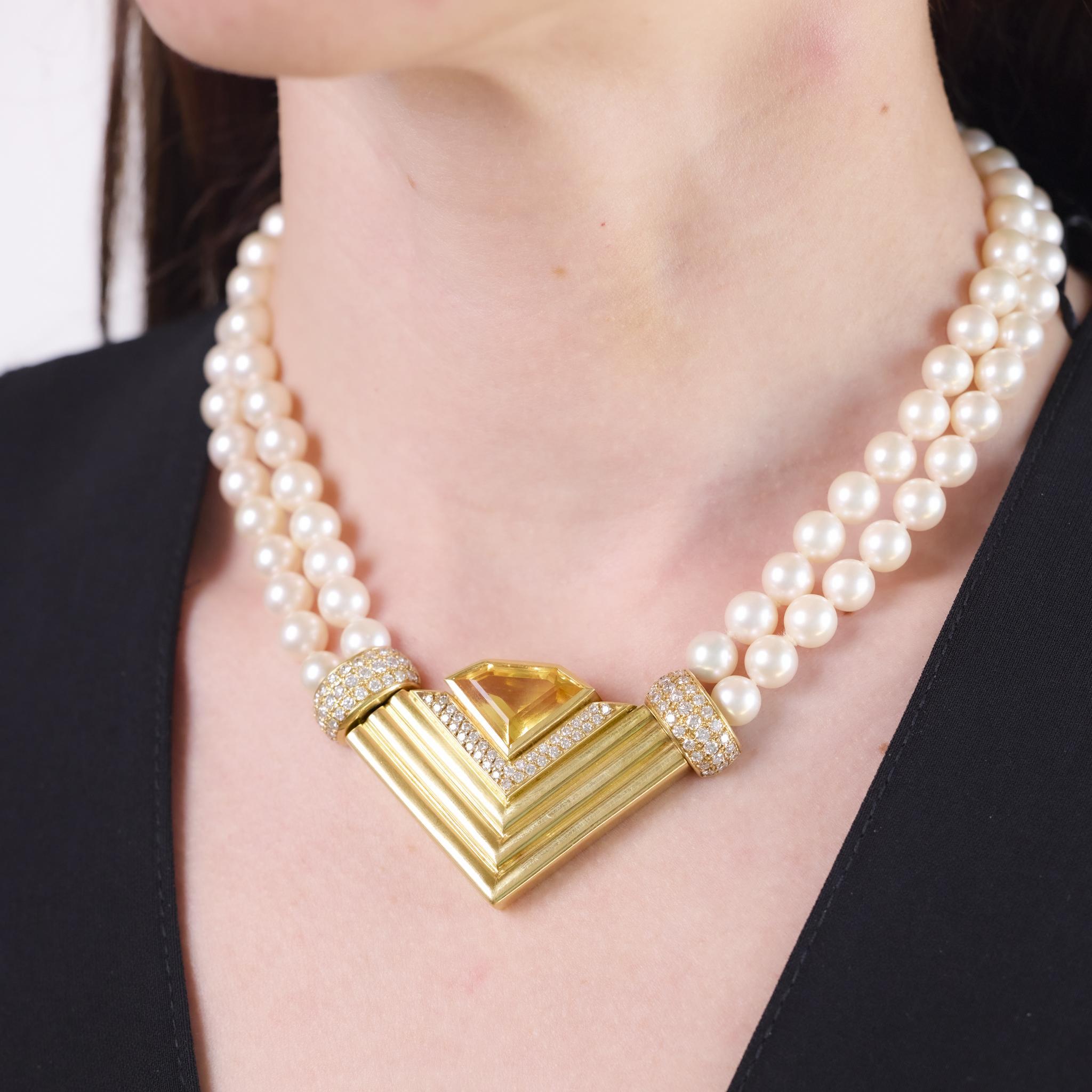 Vintage 8.40 carat citrine diamond pearl necklace In condizioni buone in vendita a Beverly Hills, CA