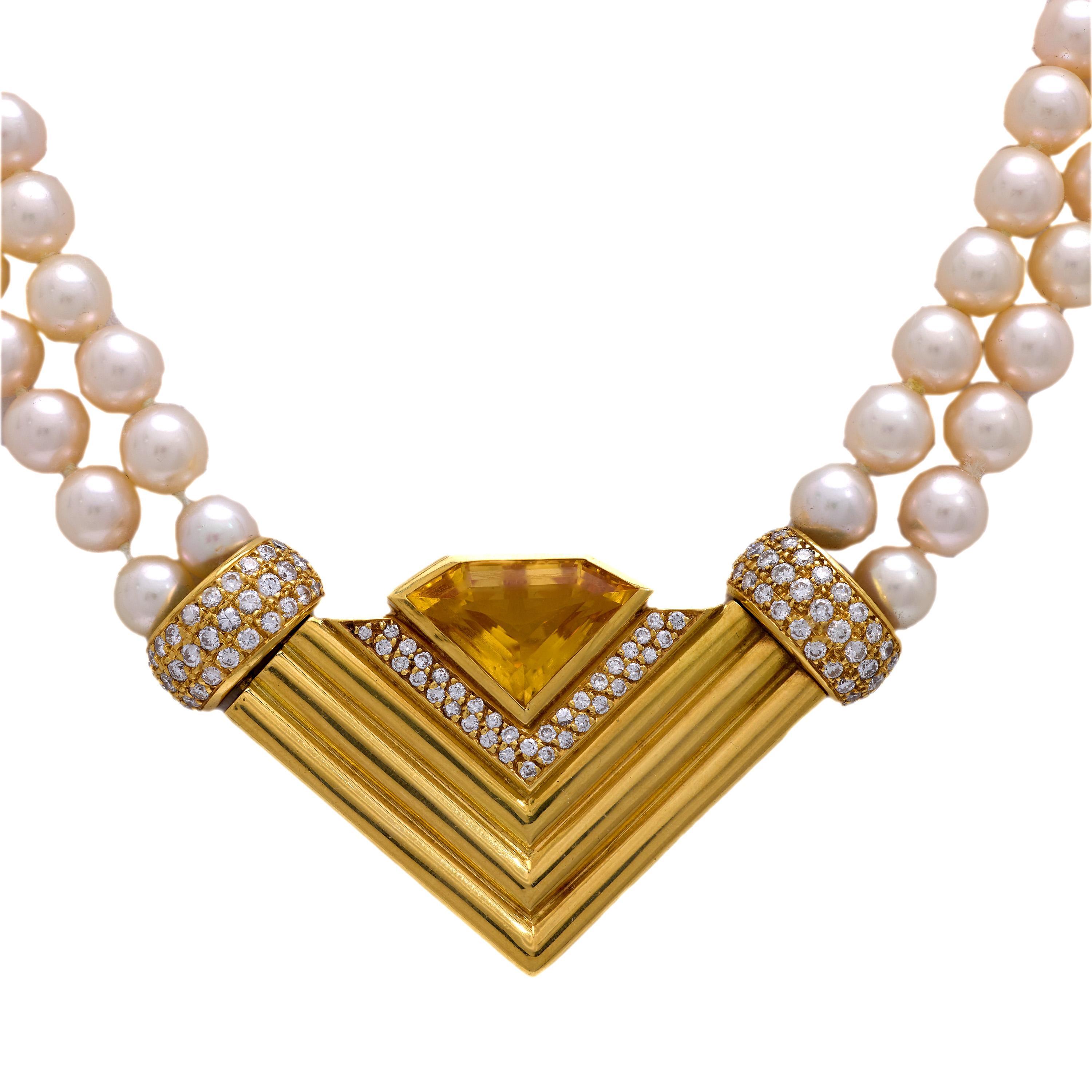 Vintage 8.40 carat citrine diamond pearl necklace in vendita