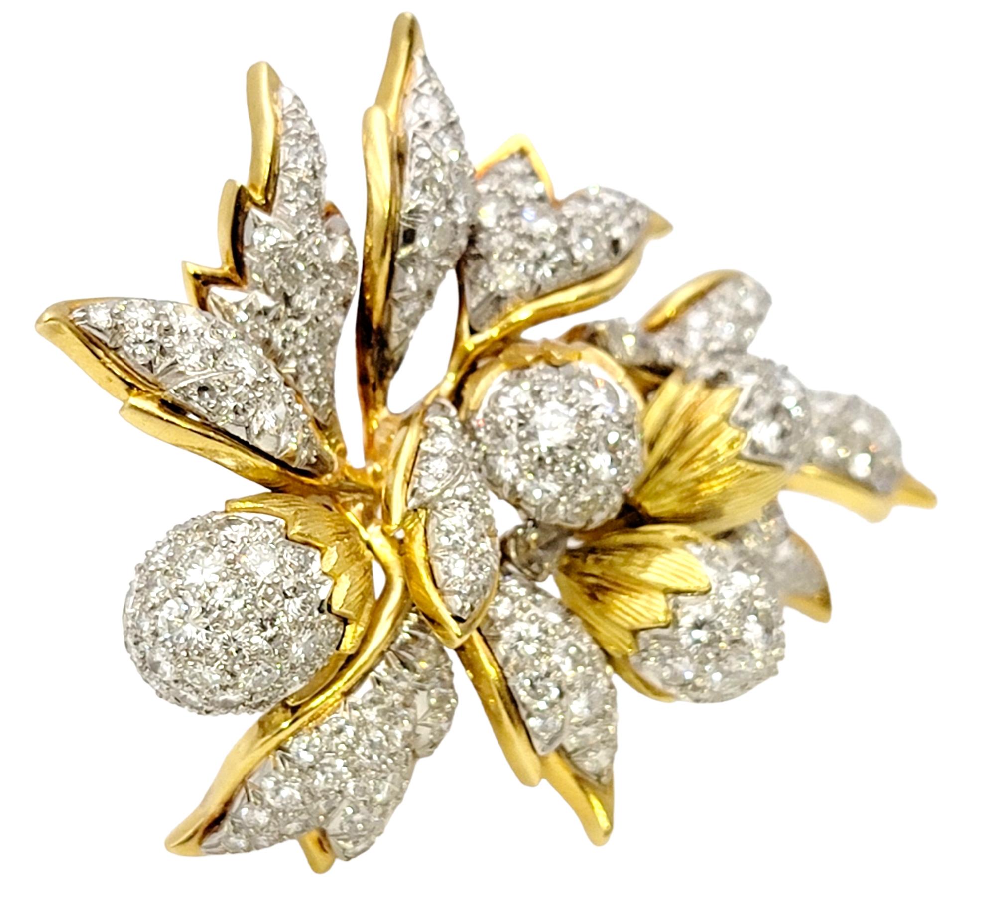 Round Cut Vintage 8.40 Carat Total Diamond En Tremblant Botanical Brooch in 18 Karat Gold 