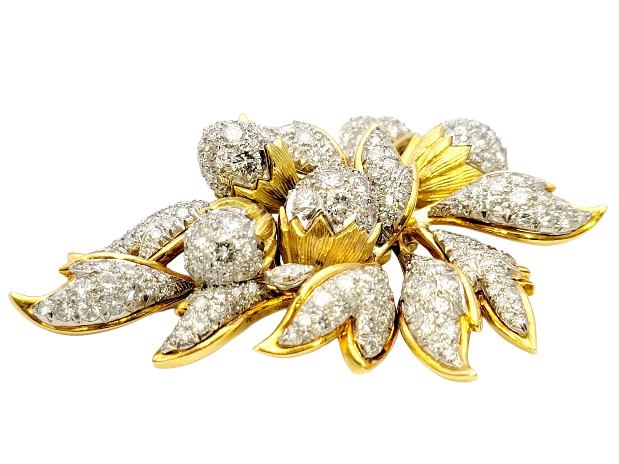 Women's Vintage 8.40 Carat Total Diamond En Tremblant Botanical Brooch in 18 Karat Gold 