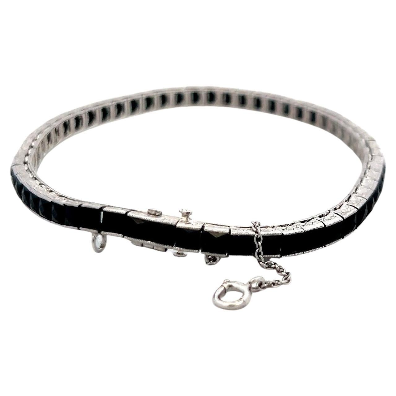 Vintage By 8,40ct Onyx Tennis-Armband in 14K Weißgold 
Platin - 21 Gramm im Angebot