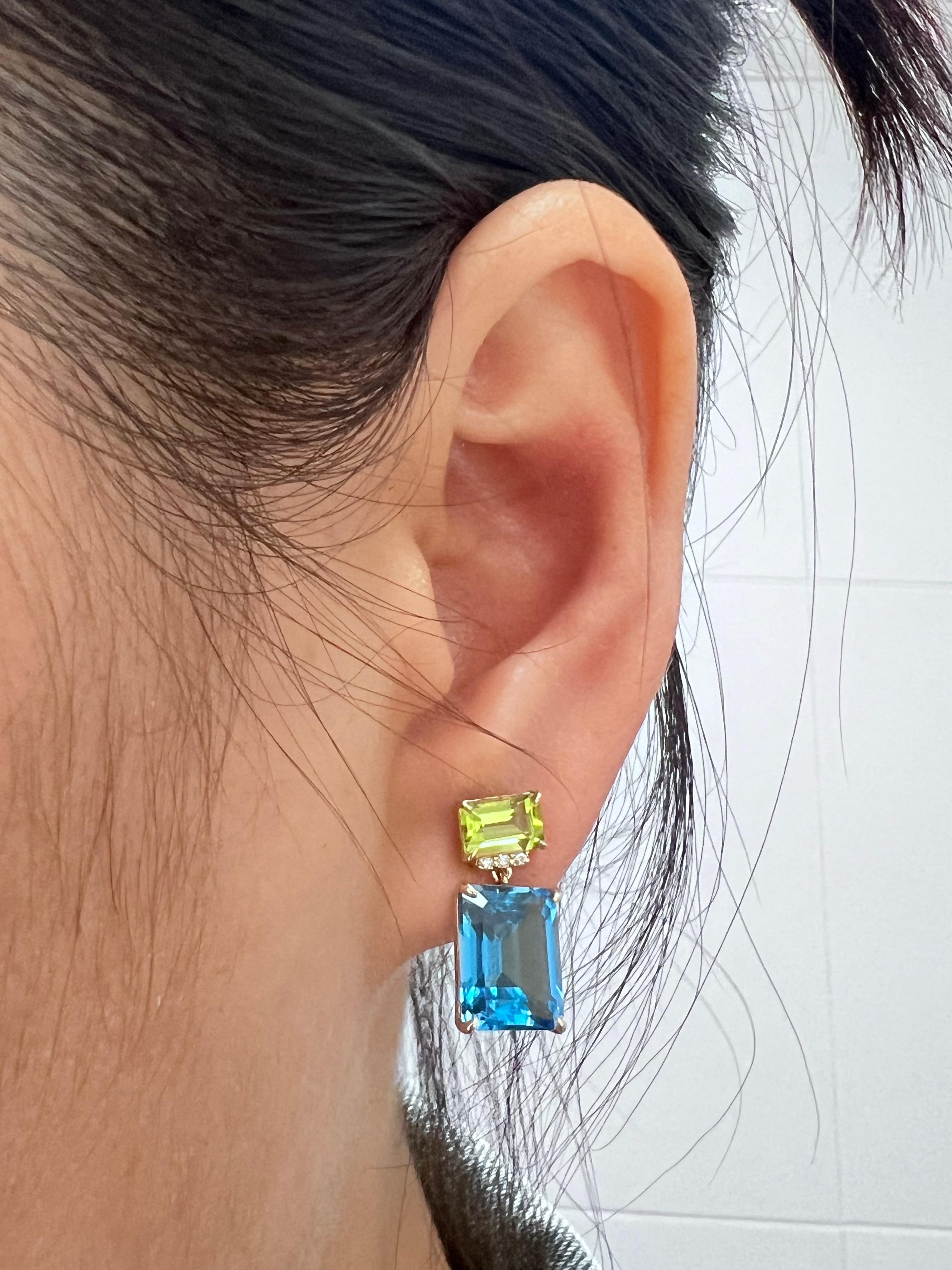 Baguette Cut Vintage 8.43Ct Blue Topaz Peridot Diamond Earrings in 14 Karat Yellow Gold