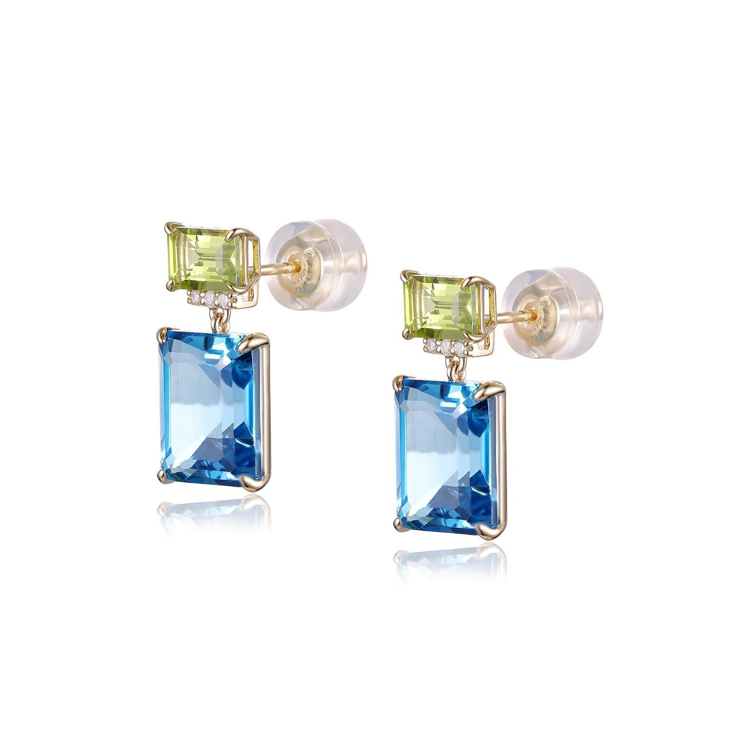 Contemporary Vintage 8.43Ct Blue Topaz Peridot Diamond Earrings in 14 Karat Yellow Gold