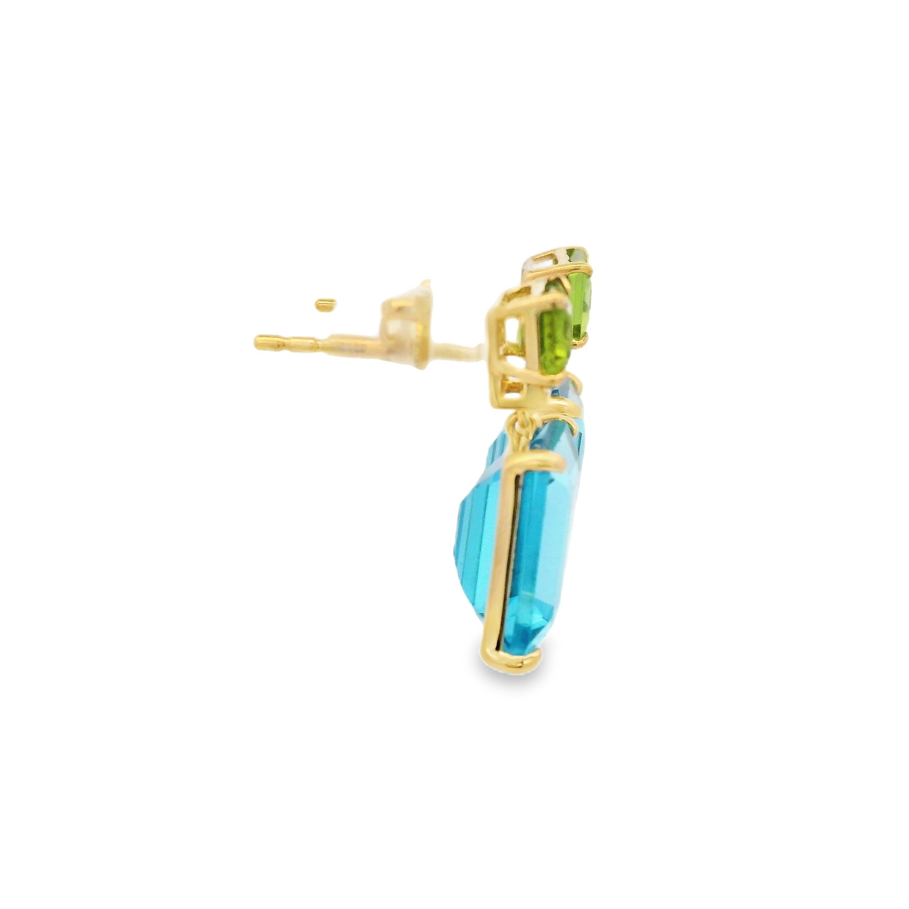 Women's Vintage 8.43Ct Blue Topaz Peridot Diamond Earrings in 14 Karat Yellow Gold