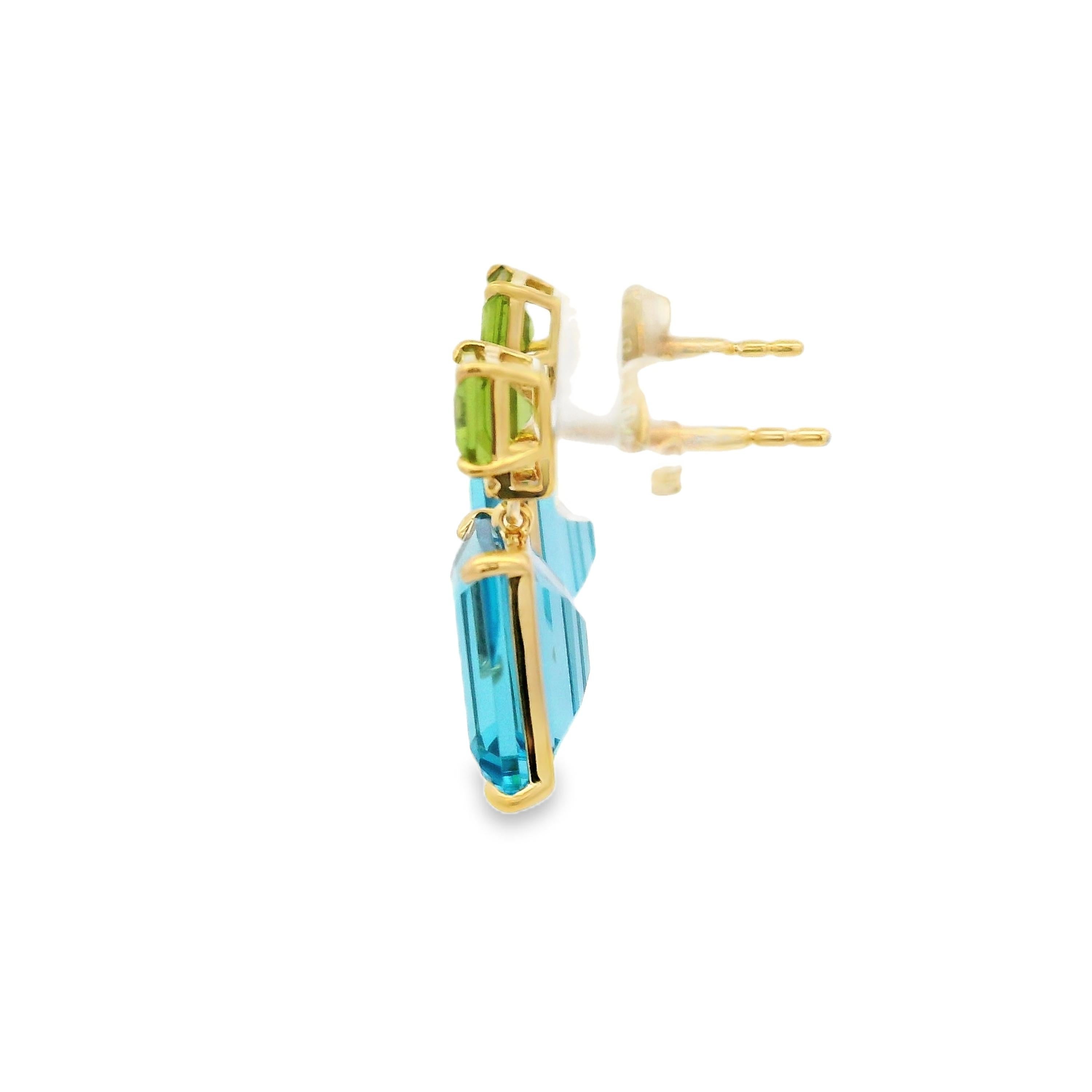 Vintage 8.43Ct Blue Topaz Peridot Diamond Earrings in 14 Karat Yellow Gold 2
