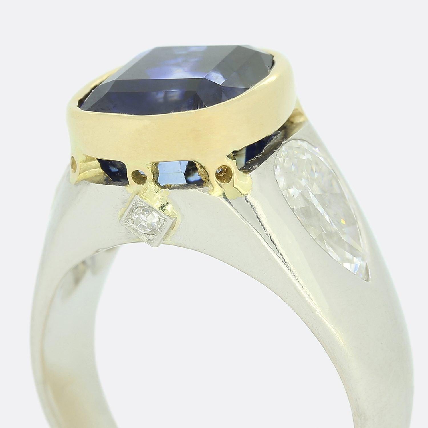 Cushion Cut Vintage 8.46 Carat Unheated Ceylon Sapphire and Diamond Ring For Sale