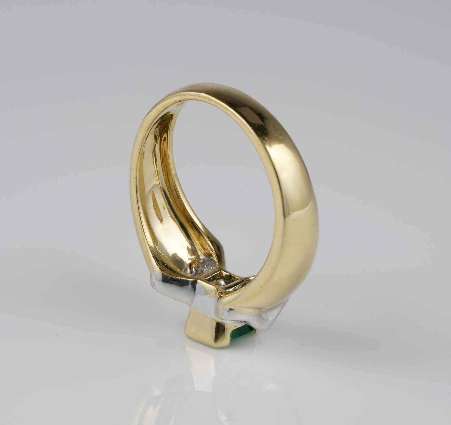 Contemporary Vintage .85 Carat Colombian Emerald .60 Carat G VVS Diamond Sheer Quality Ring