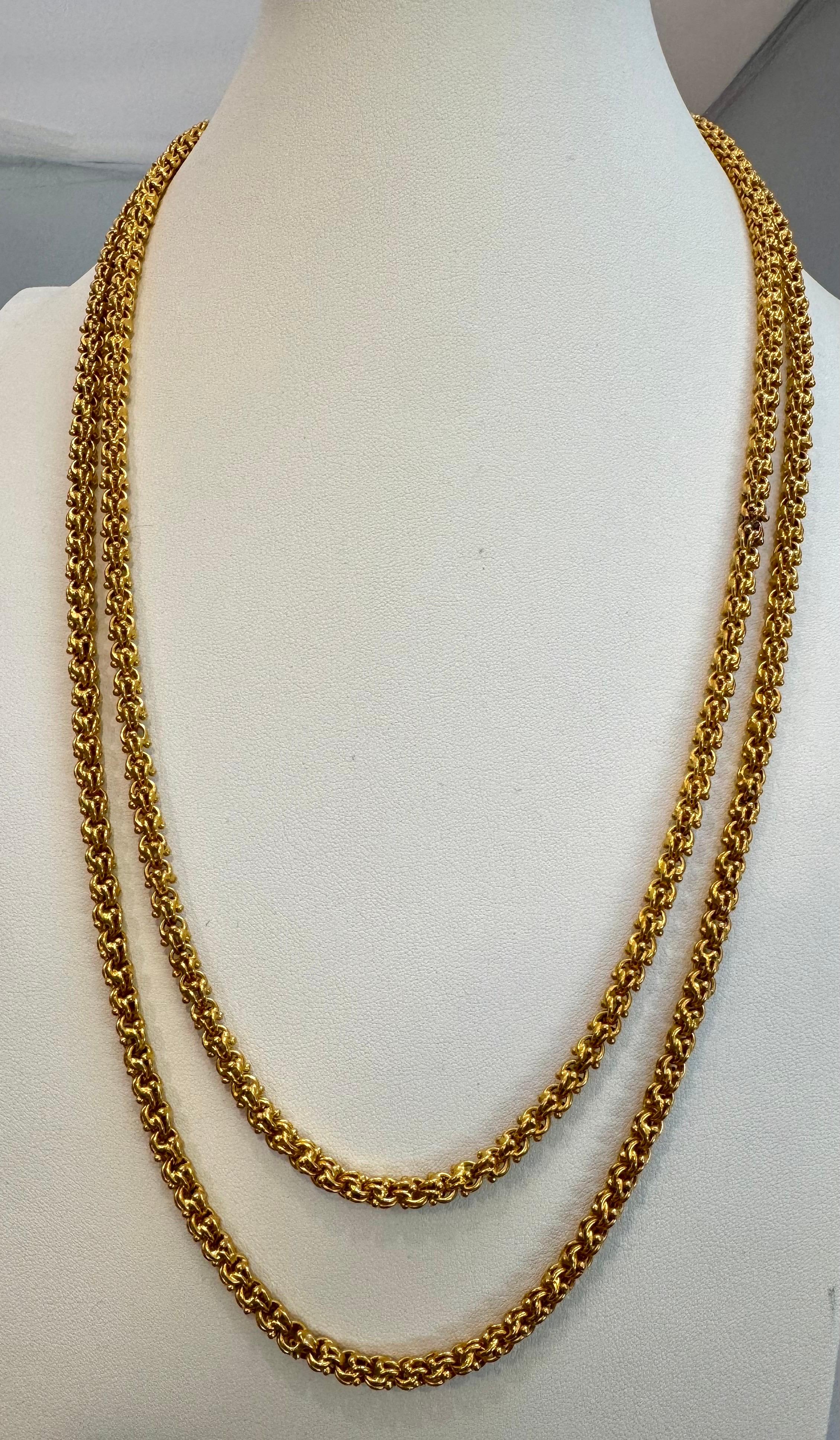Catena vintage in oro giallo 18 carati da 85 gm fatta a mano, lunghezza dell'opera unica 52 pollici in vendita 7