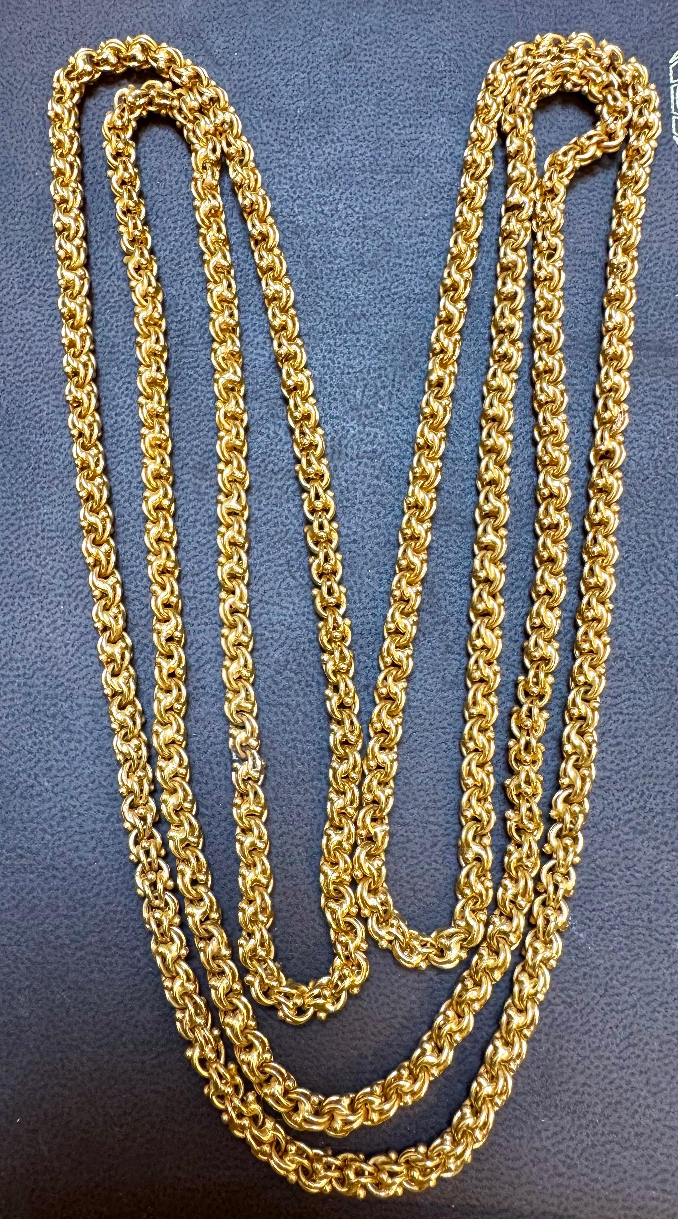Catena vintage in oro giallo 18 carati da 85 gm fatta a mano, lunghezza dell'opera unica 52 pollici in vendita 1