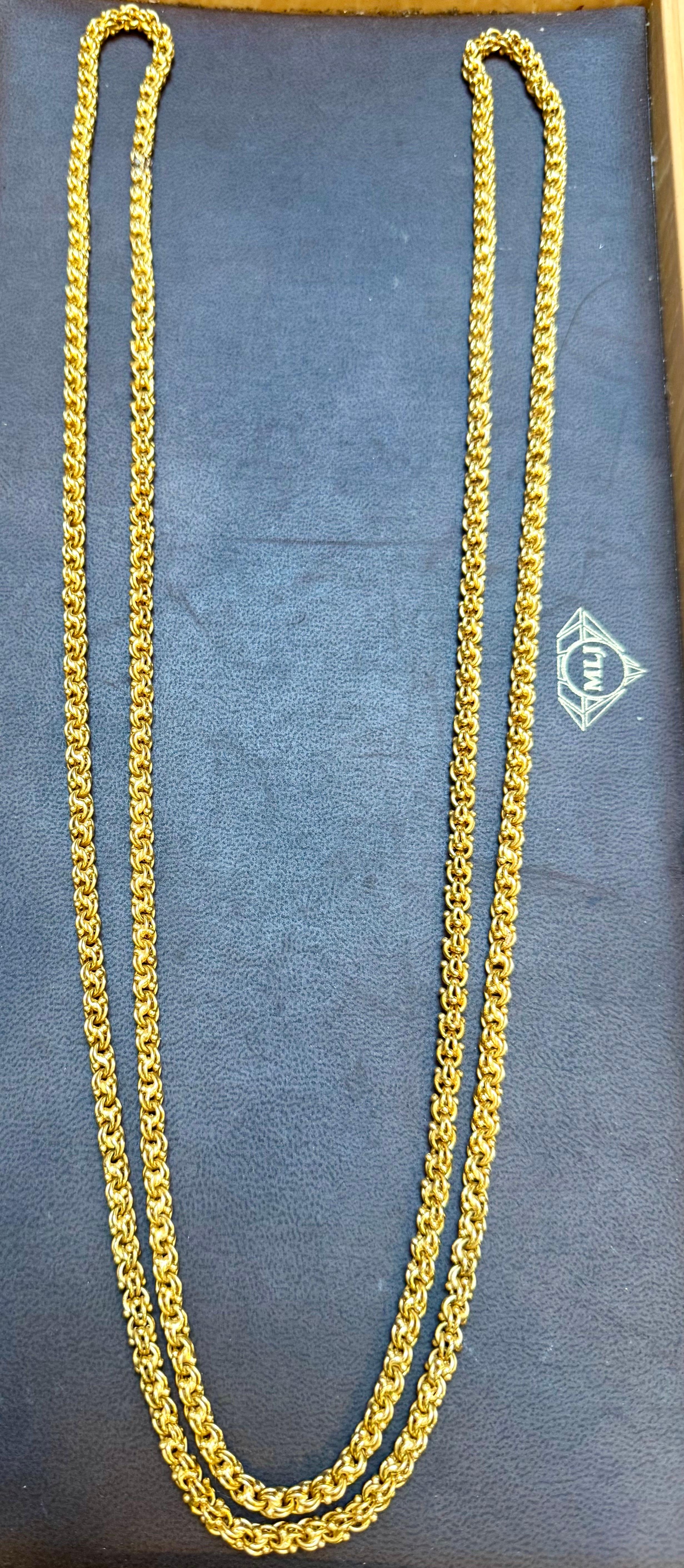 Catena vintage in oro giallo 18 carati da 85 gm fatta a mano, lunghezza dell'opera unica 52 pollici in vendita 2