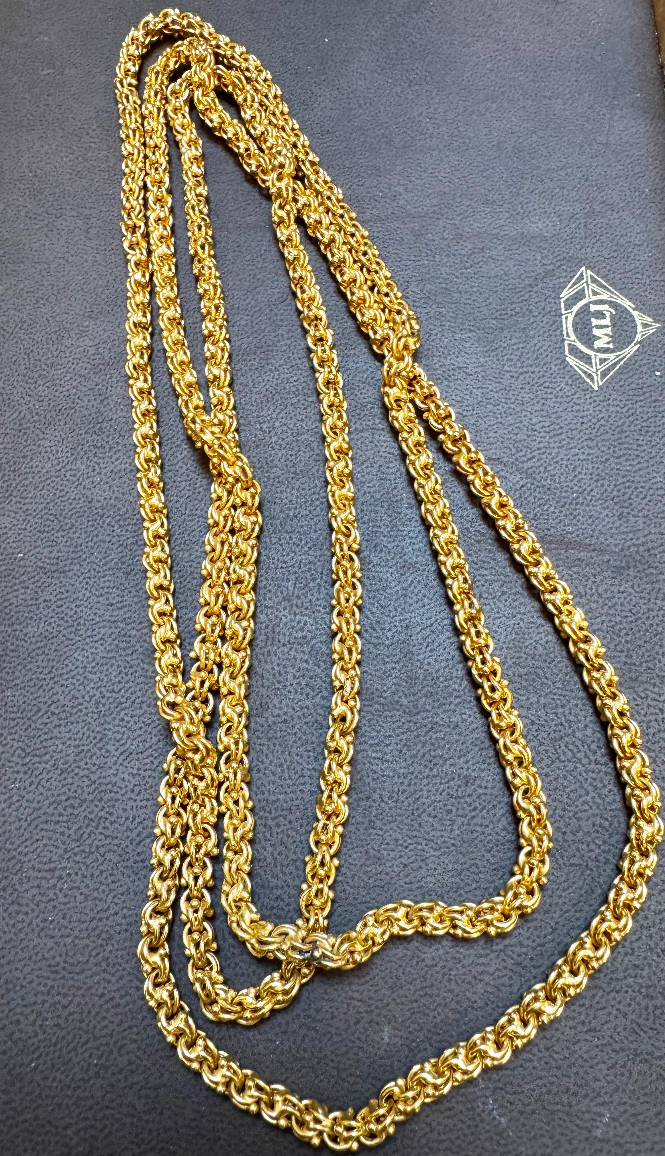 Catena vintage in oro giallo 18 carati da 85 gm fatta a mano, lunghezza dell'opera unica 52 pollici in vendita 3