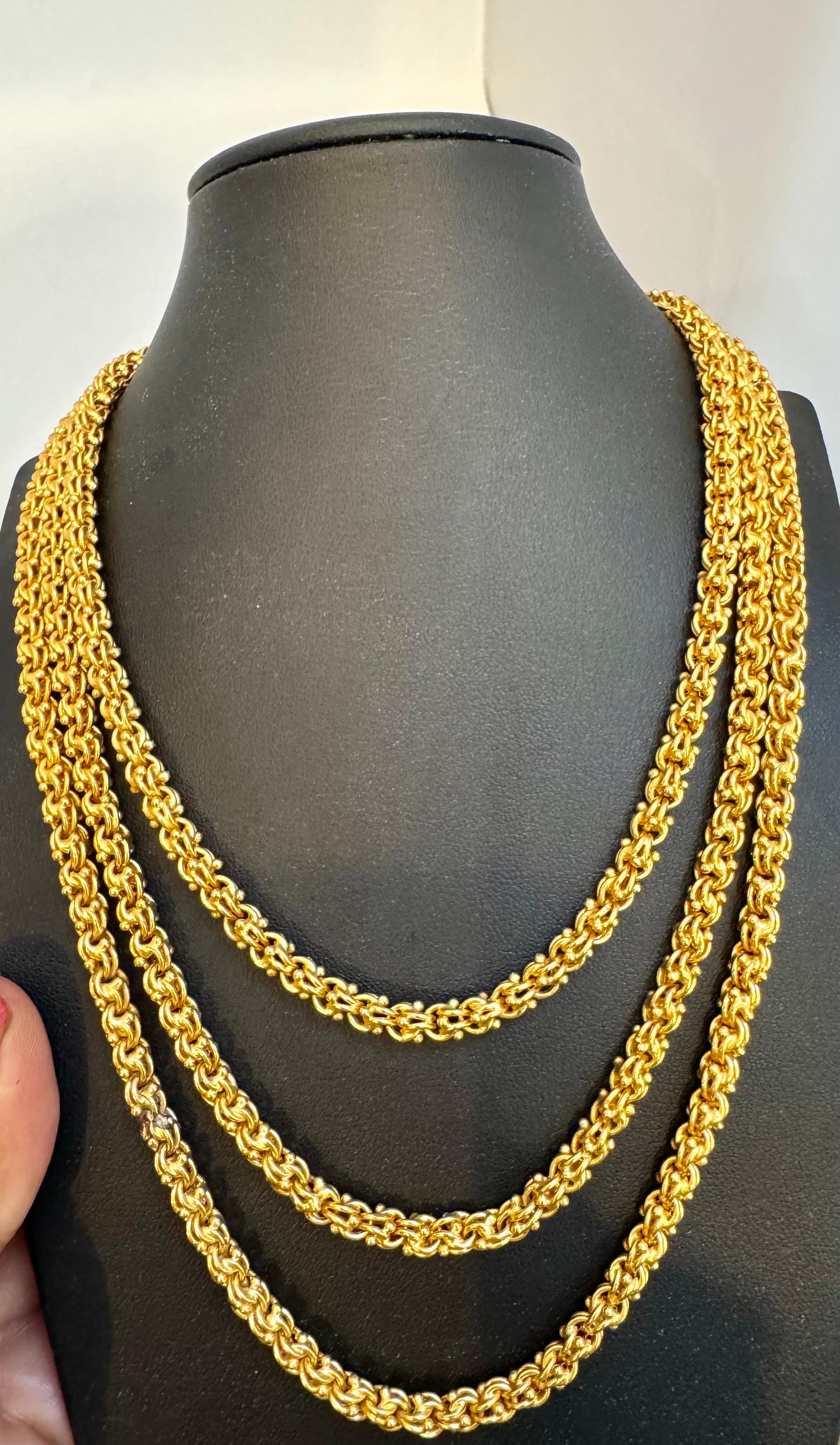Catena vintage in oro giallo 18 carati da 85 gm fatta a mano, lunghezza dell'opera unica 52 pollici in vendita 4