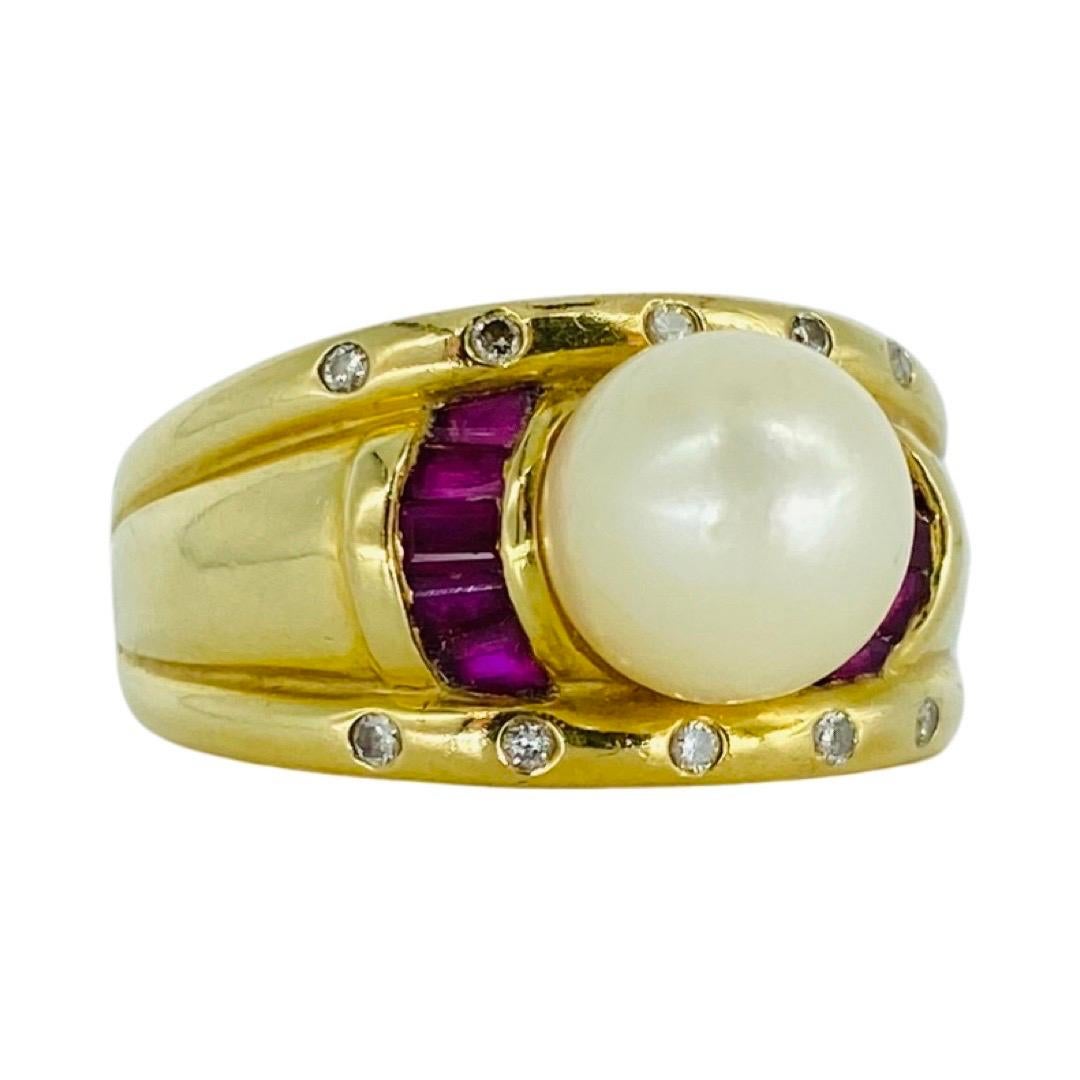 Women's Vintage 8.5mm Pearl, Ruby and Diamonds Ring 14k Gold For Sale