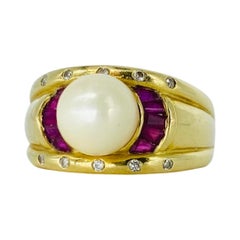 Vintage 8.5mm Pearl, Ruby and Diamonds Ring 14k Gold