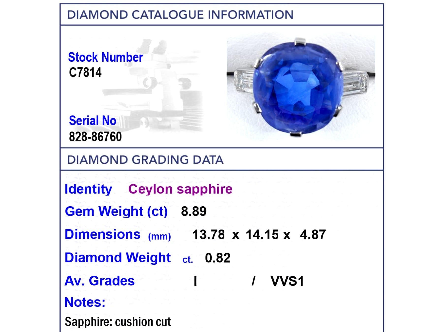 Vintage 8.89 Carat Ceylon Sapphire and 0.82 Carat Diamond Platinum Cocktail Ring For Sale 5