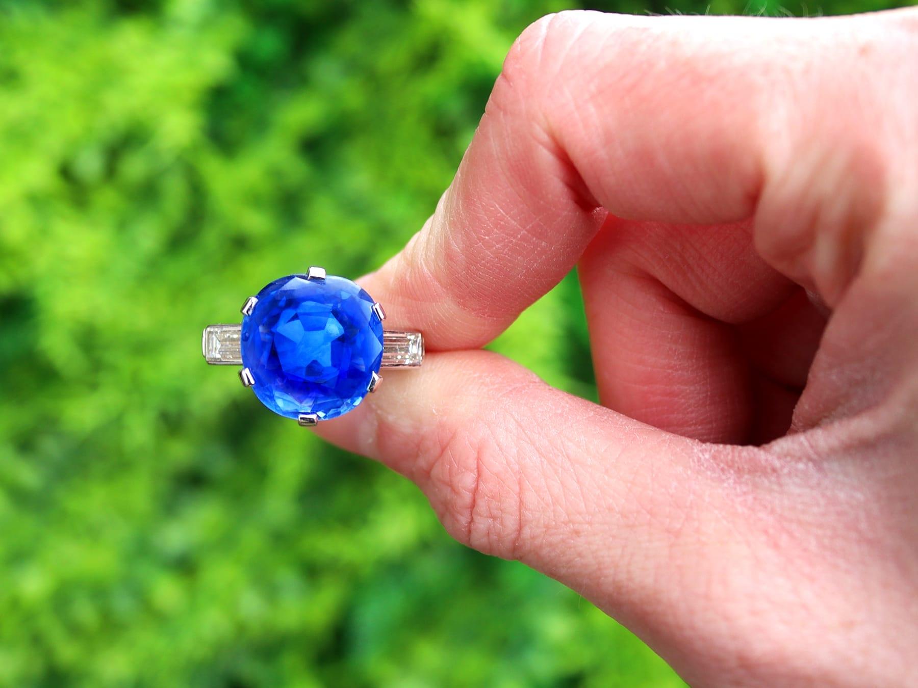 A stunning, fine and impressive vintage French 8.89 carat Ceylon sapphire and 0.82cttw diamond, platinum Art Deco cocktail ring; part of our diverse jewellery and estate jewelry collections.

This stunning, fine and impressive Ceylon sapphire ring