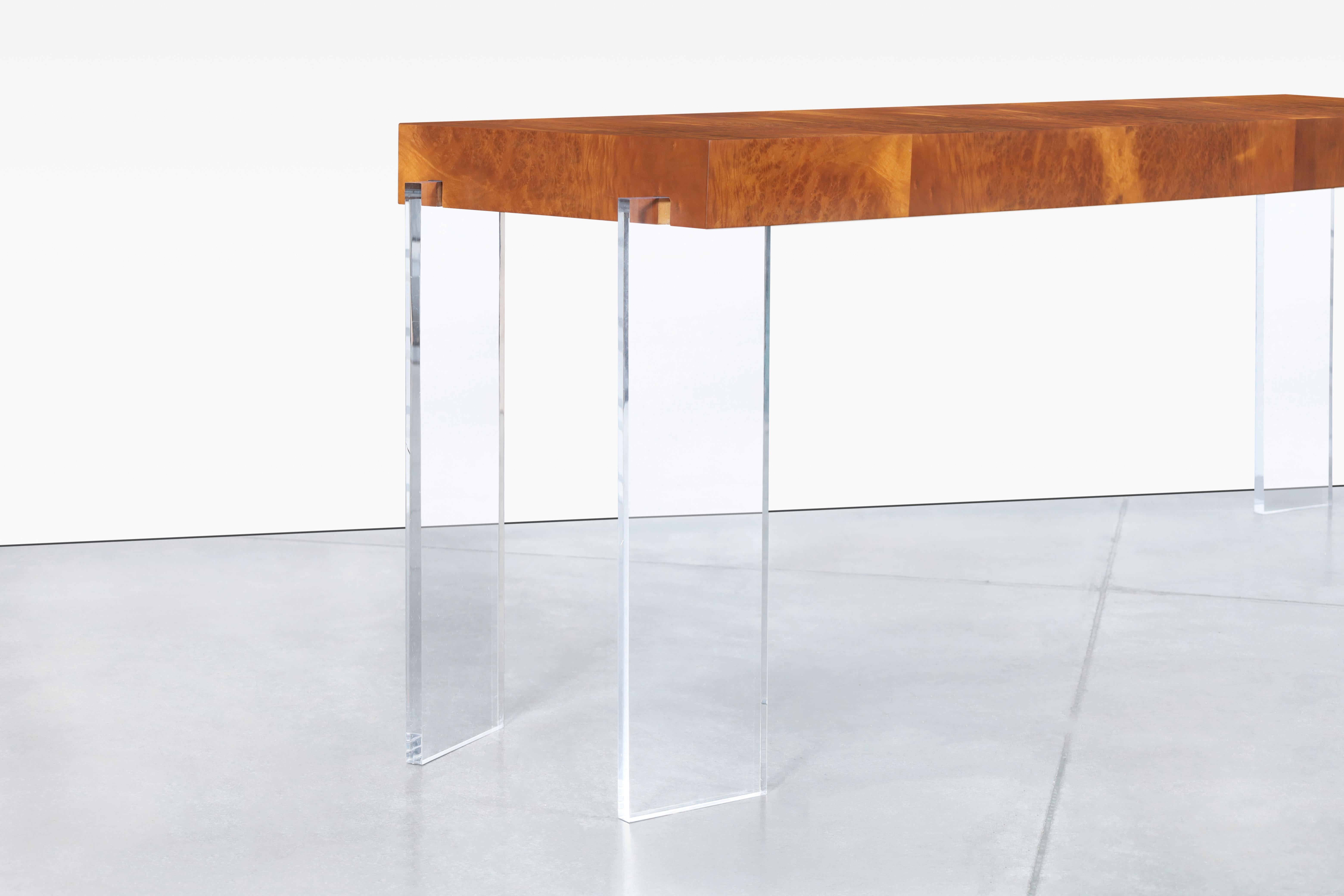 Mid-Century Modern Vintage 8ft Burl Wood and Lucite Console Table For Sale