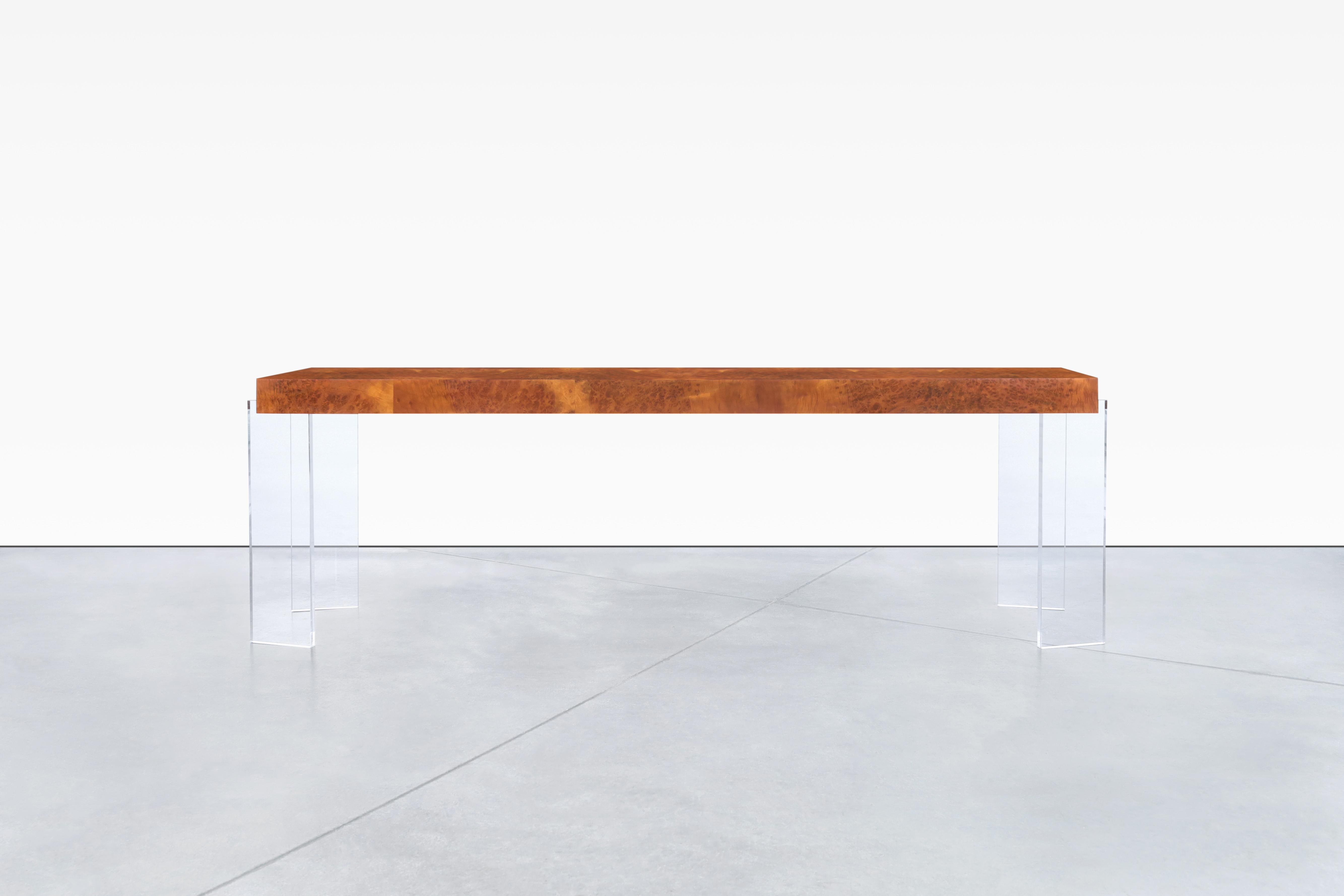 Late 20th Century Vintage 8ft Burl Wood and Lucite Console Table For Sale