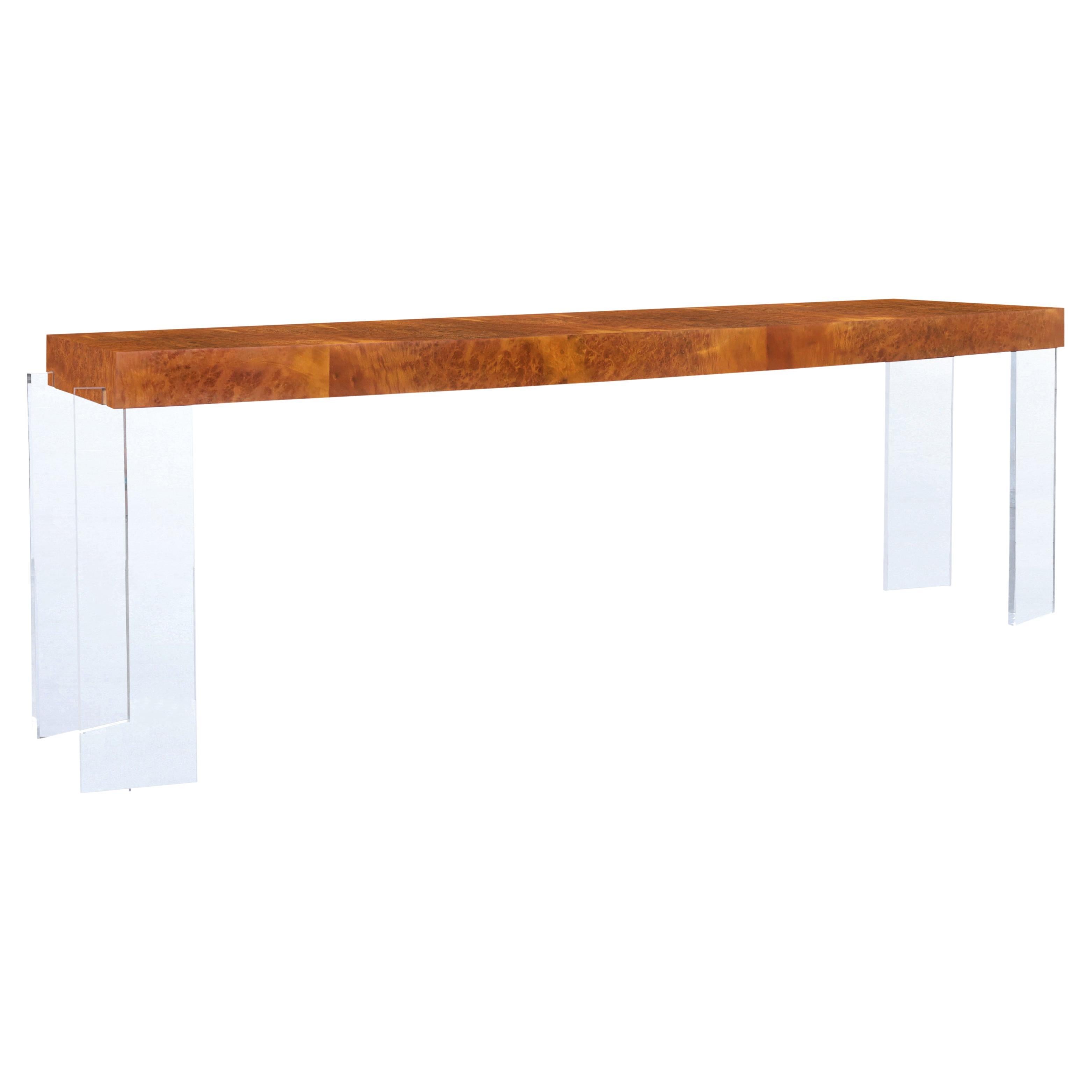 Vintage 8ft Burl Wood and Lucite Console Table For Sale