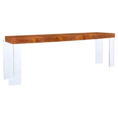 Table console vintage de 8 pieds en bois de ronce et lucite