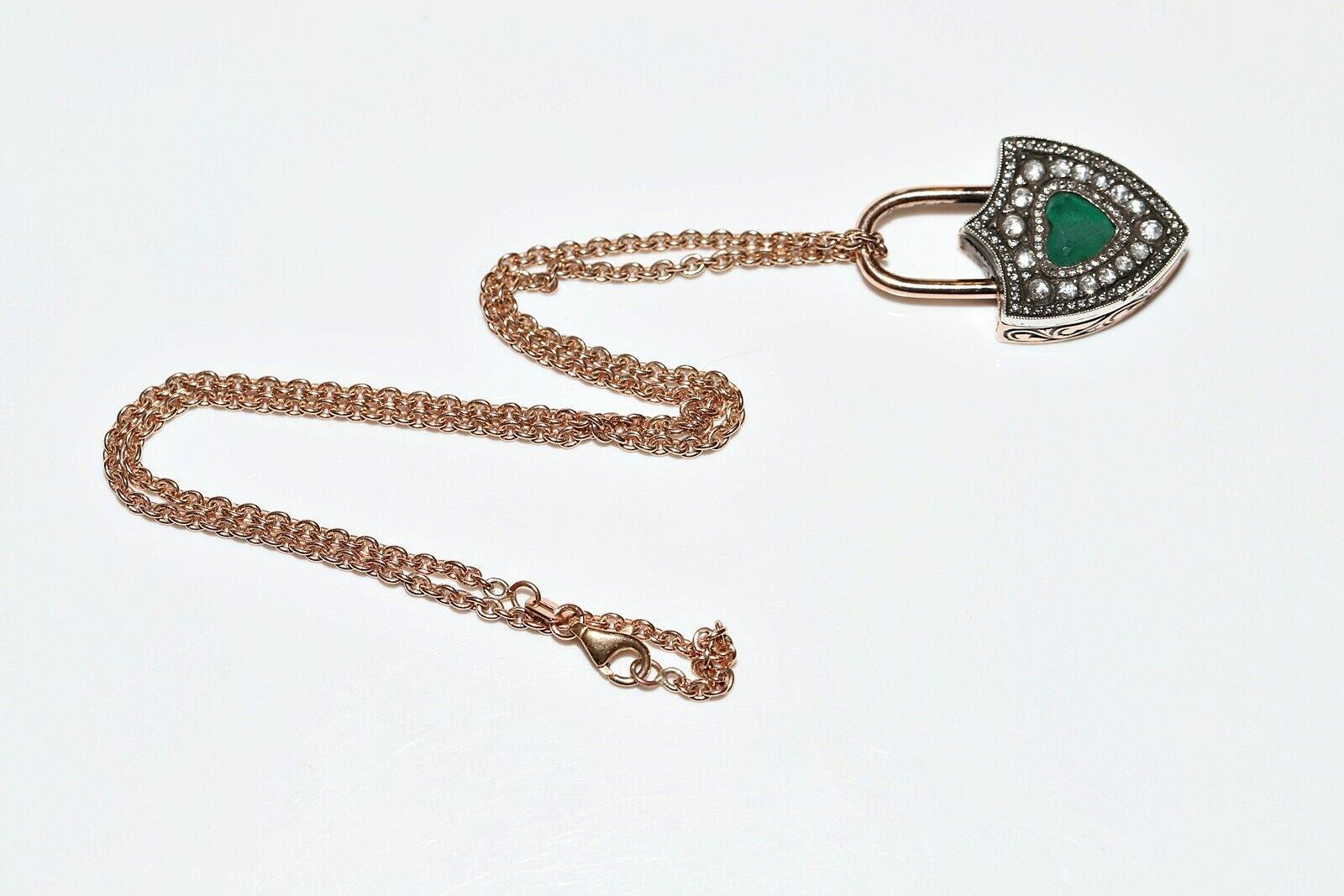 Vintage 8K Gold Natural Diamond And Emerald Decorated Lock Style Necklace For Sale 4