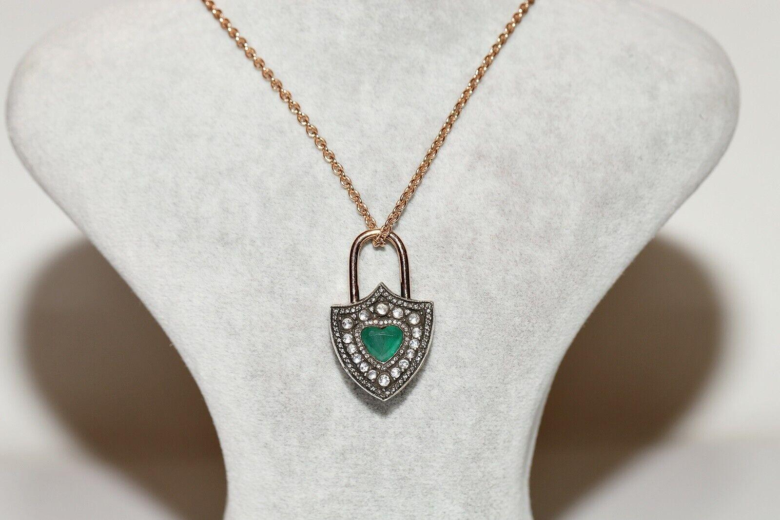 Vintage 8K Gold Natural Diamond And Emerald Decorated Lock Style Necklace For Sale 8