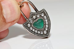 Vintage 8K Gold Natural Diamond And Emerald Decorated Lock Style Necklace