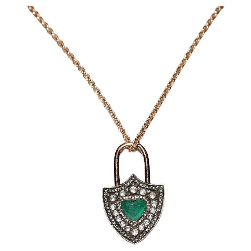 Vintage 8K Gold Natural Diamond And Emerald Decorated Lock Style Necklace For Sale
