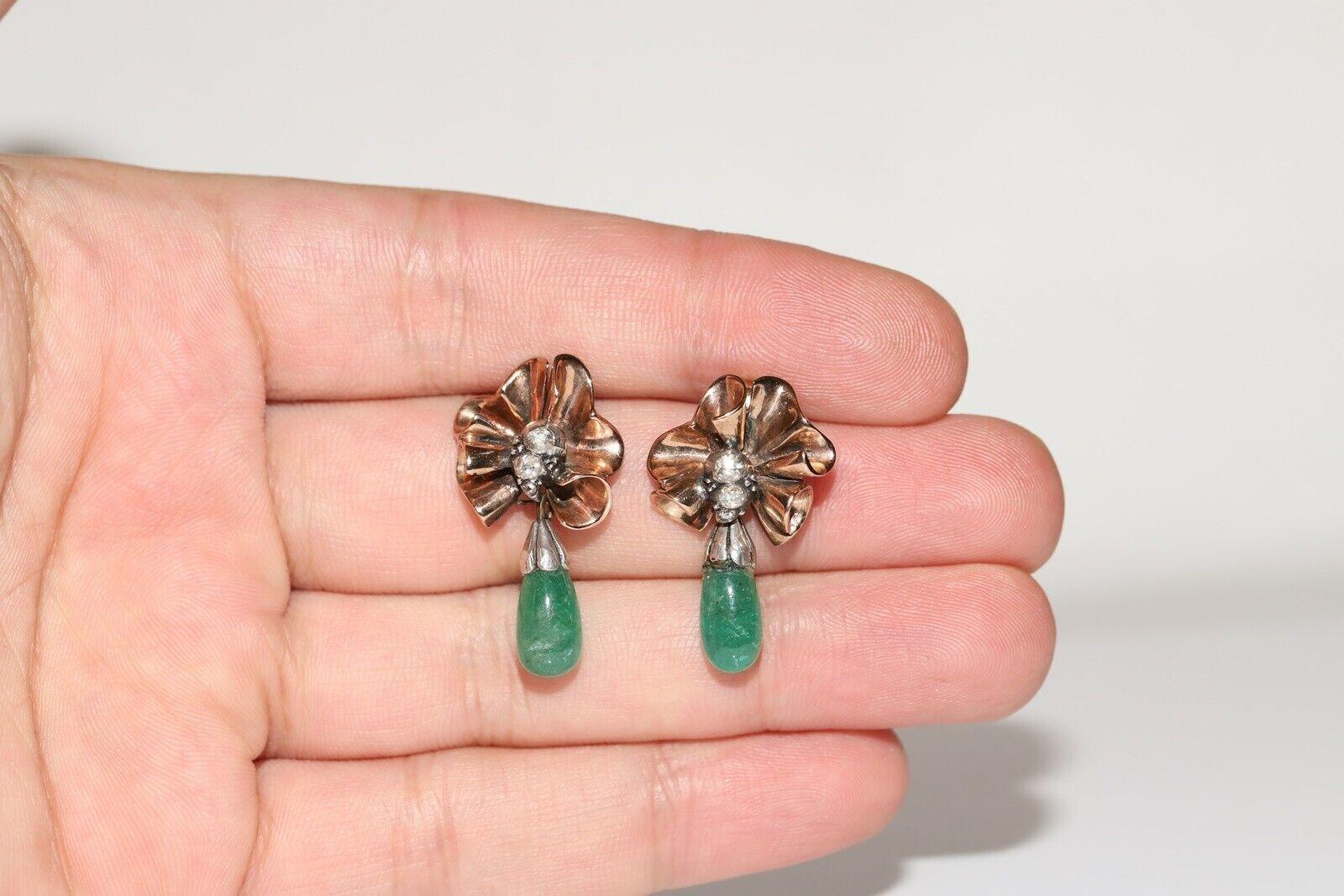 Vintage 8K Gold Natural Rose Cut Diamond And Emerald Drop Earring For Sale 5