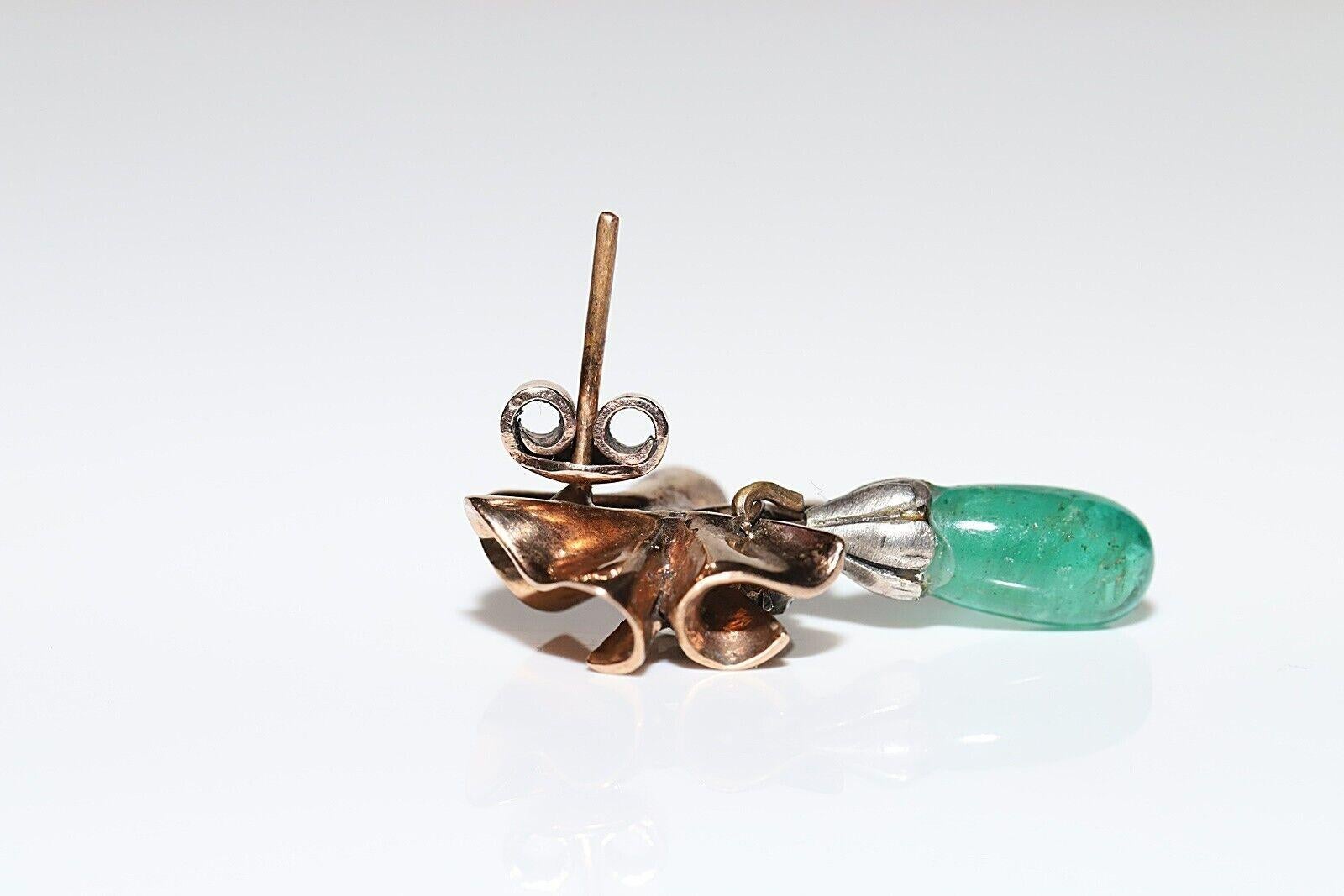 Vintage 8K Gold Natural Rose Cut Diamond And Emerald Drop Earring For Sale 6