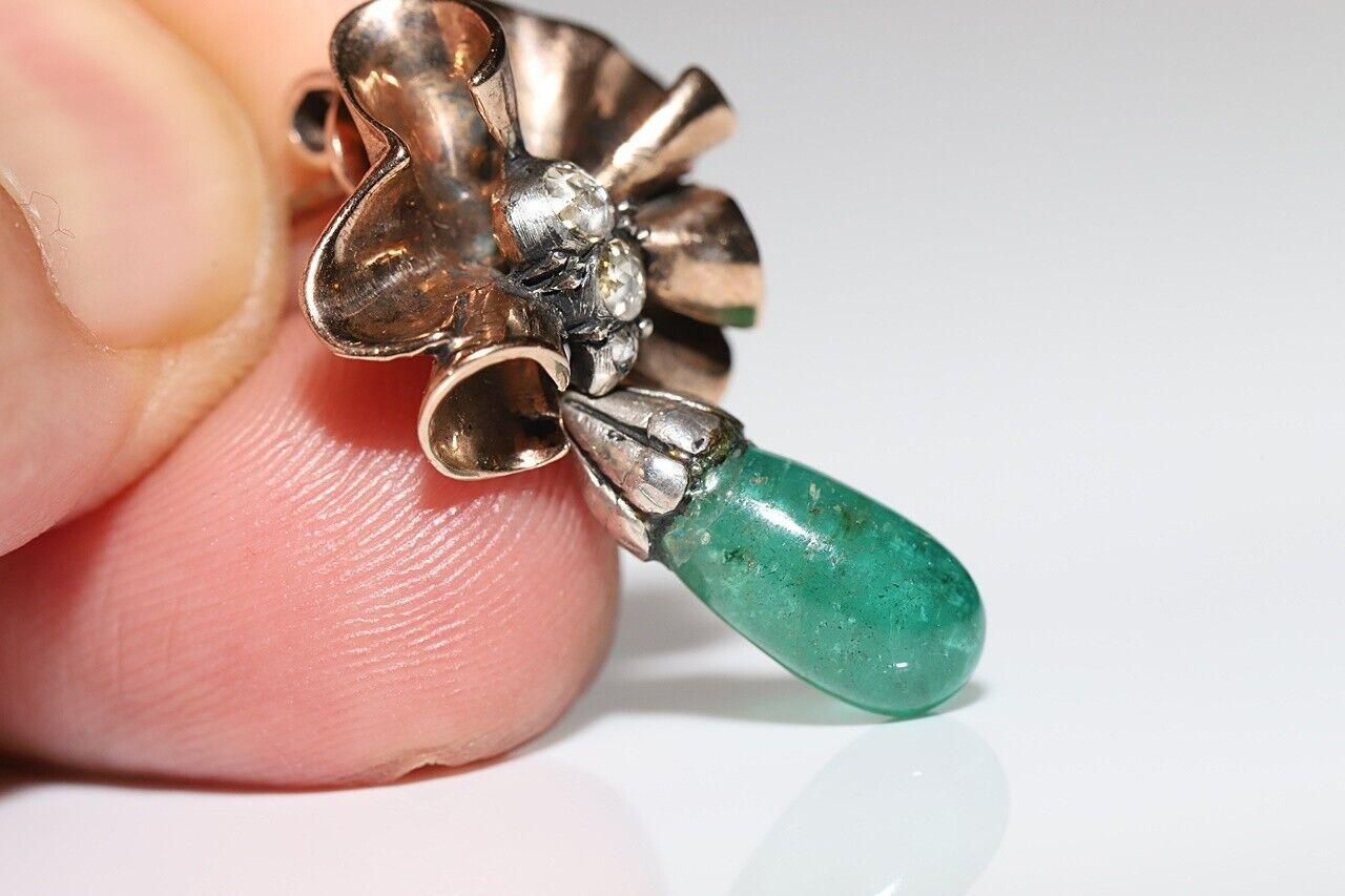 Vintage 8K Gold Natural Rose Cut Diamond And Emerald Drop Earring For Sale 7
