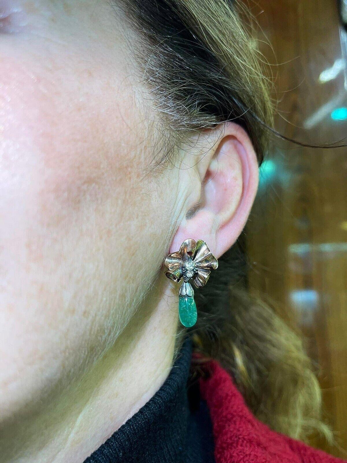 Vintage 8K Gold Natural Rose Cut Diamond And Emerald Drop Earring For Sale 8