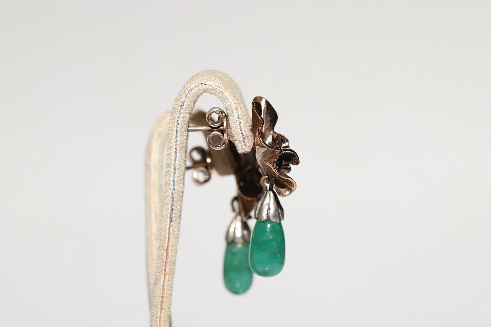 Vintage 8K Gold Natural Rose Cut Diamond And Emerald Drop Earring In Good Condition For Sale In Fatih/İstanbul, 34