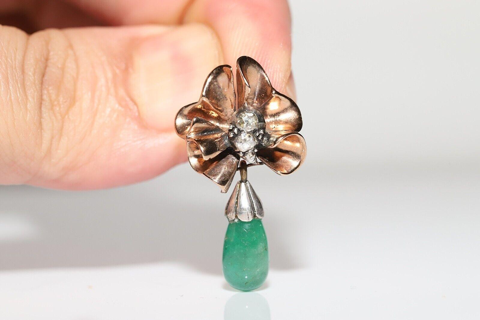 Women's Vintage 8K Gold Natural Rose Cut Diamond And Emerald Drop Earring For Sale