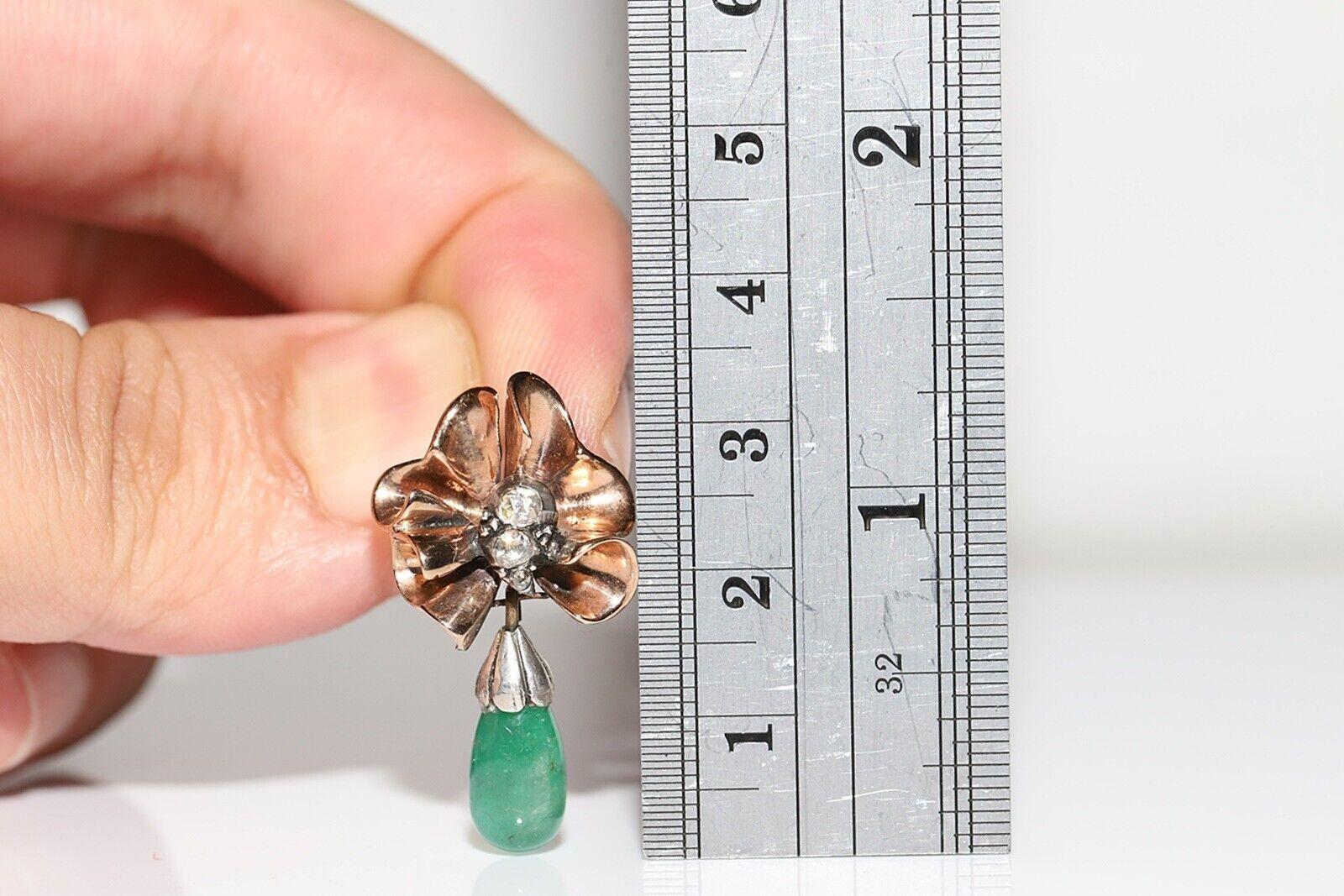 Vintage 8K Gold Natural Rose Cut Diamond And Emerald Drop Earring For Sale 1