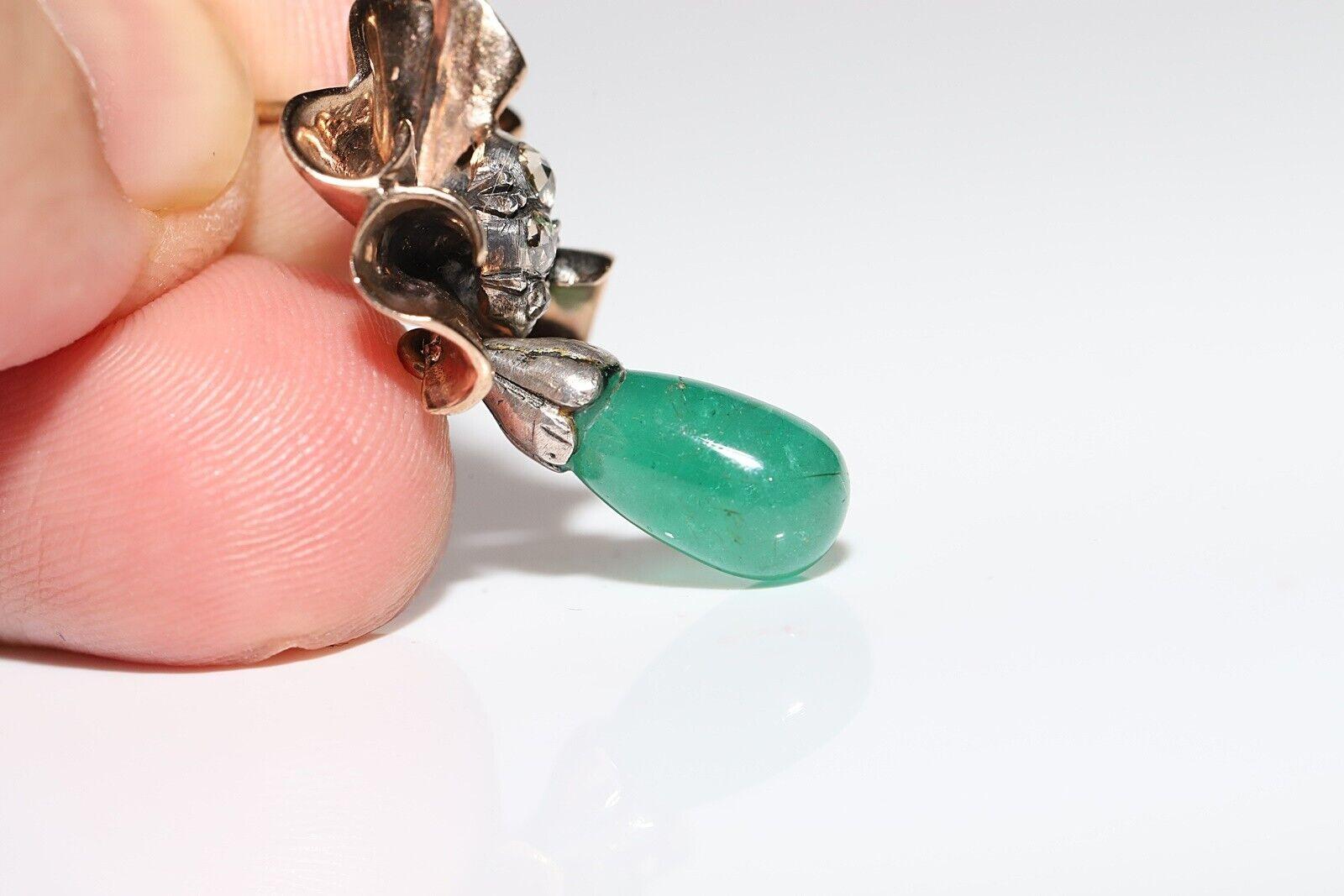 Tropfenohrring aus 8 Karat Gold mit natürlichem Diamanten im Rosenschliff und Smaragd im Angebot 2